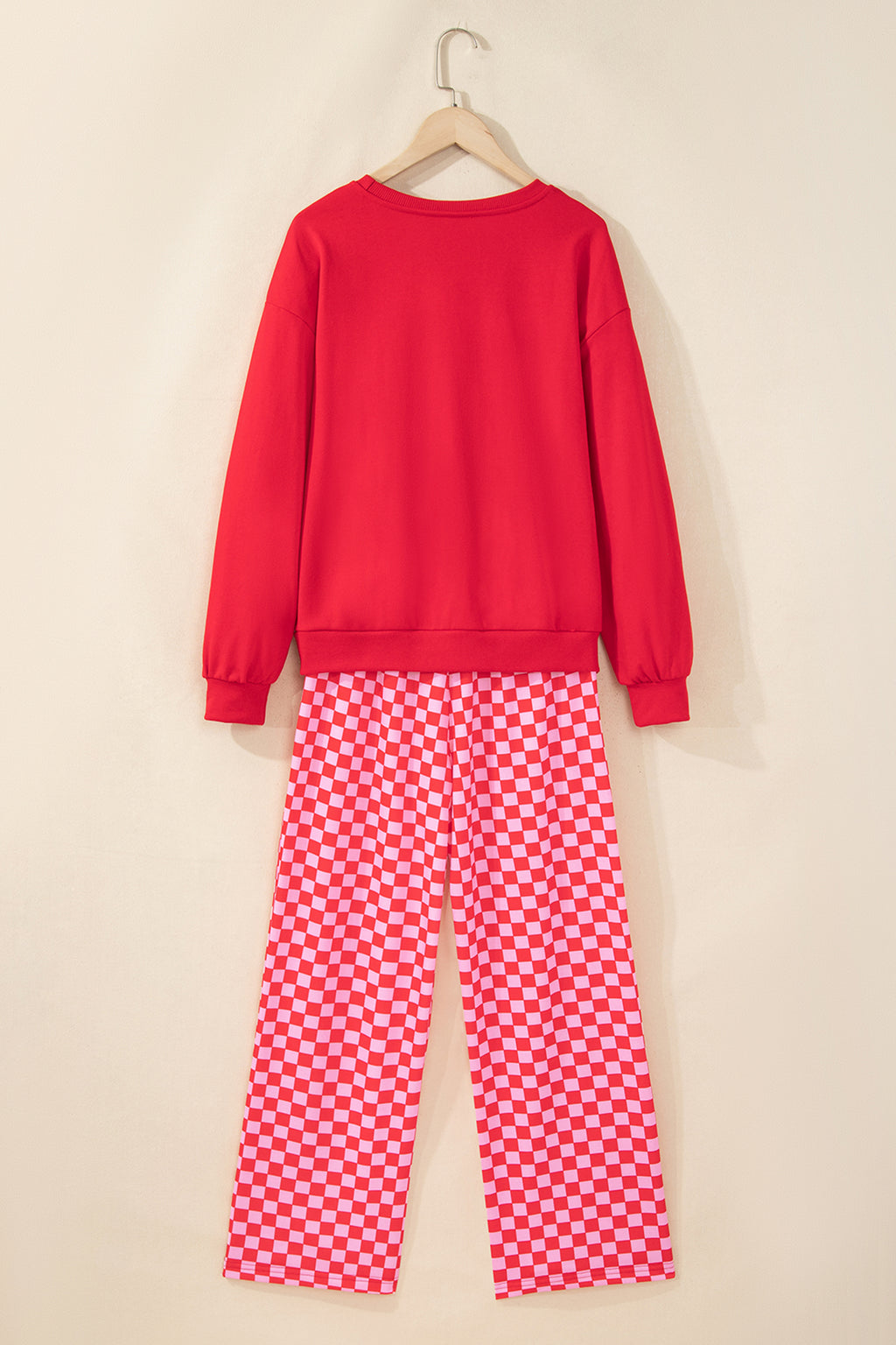 Red Christmas Slogan Graphic Plaid Contrast Two-piece Pant Set