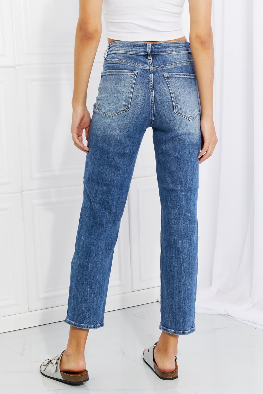 RISEN Emily High Rise Destroyed Straight Leg Relaxed Fit Cropped Blue Denim Jeans