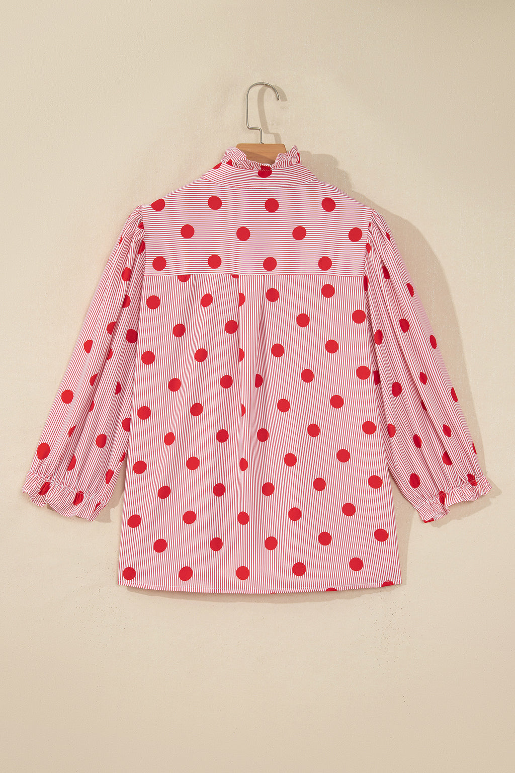 Sky Blue Polka Dot Print Ruffle Stand Neck 3/4 Sleeve Shift Shirt