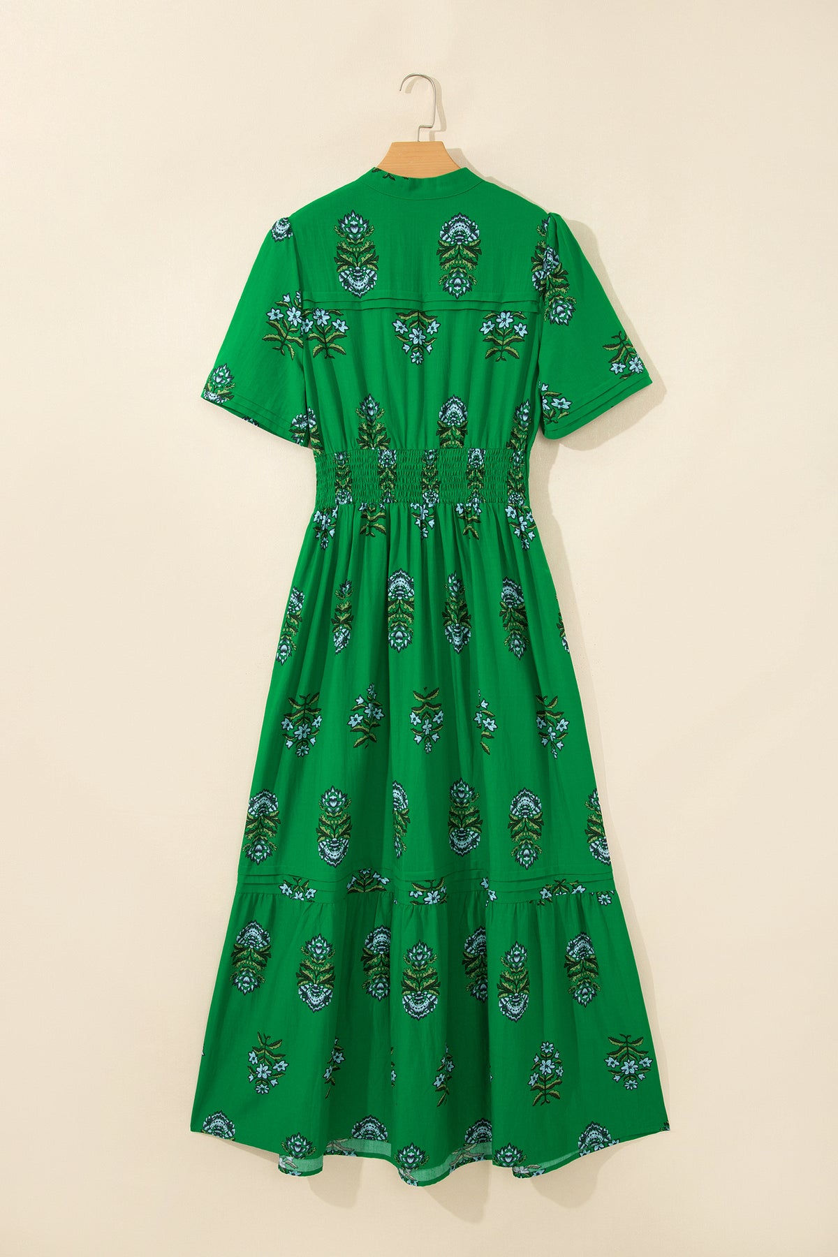 White Floral Print Split Neck Shirred High Waist Ruffle Hem Maxi Dress