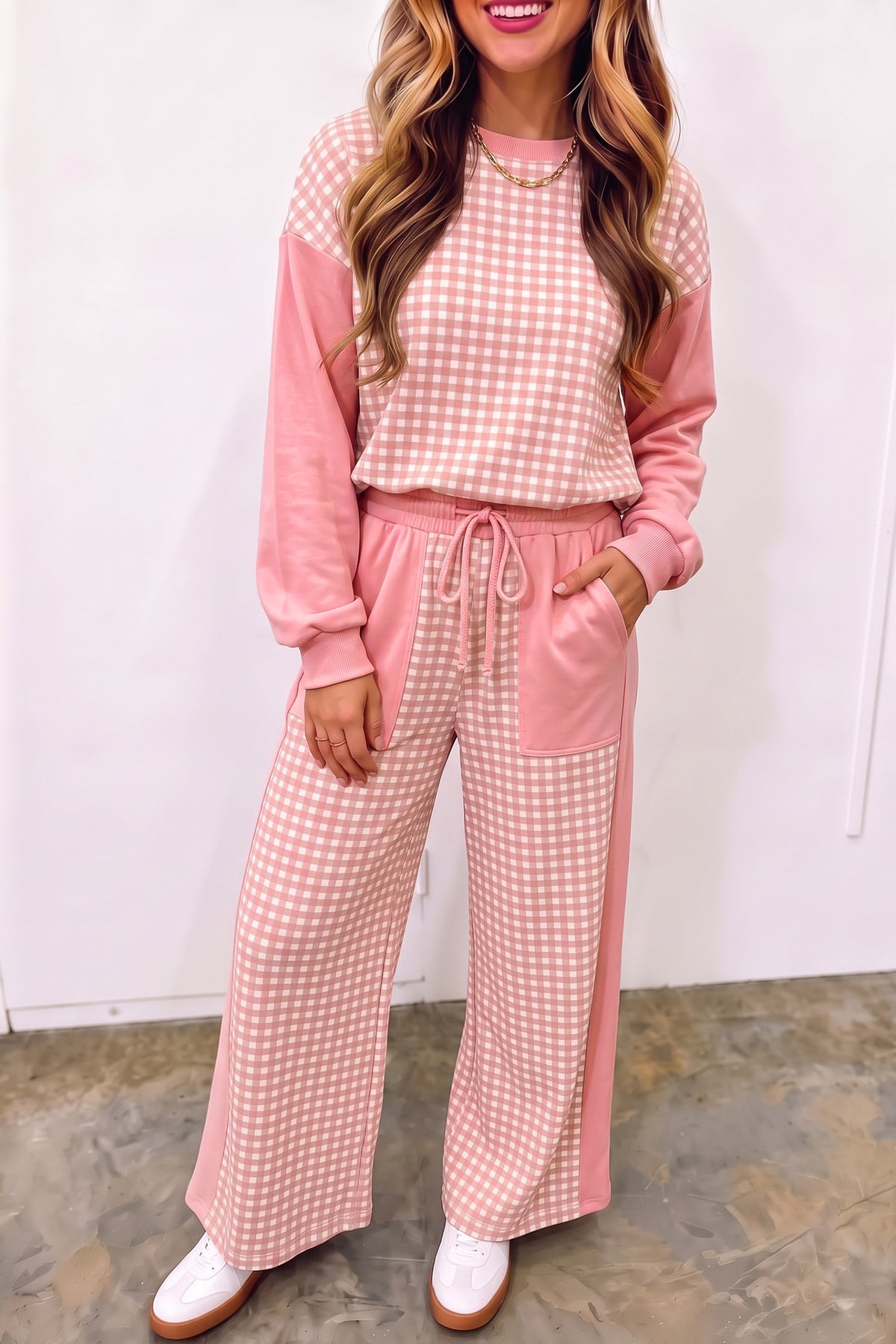 Khaki Color Block Plaid Patchwork Long Sleeve Pullover Wide Leg Pant Set