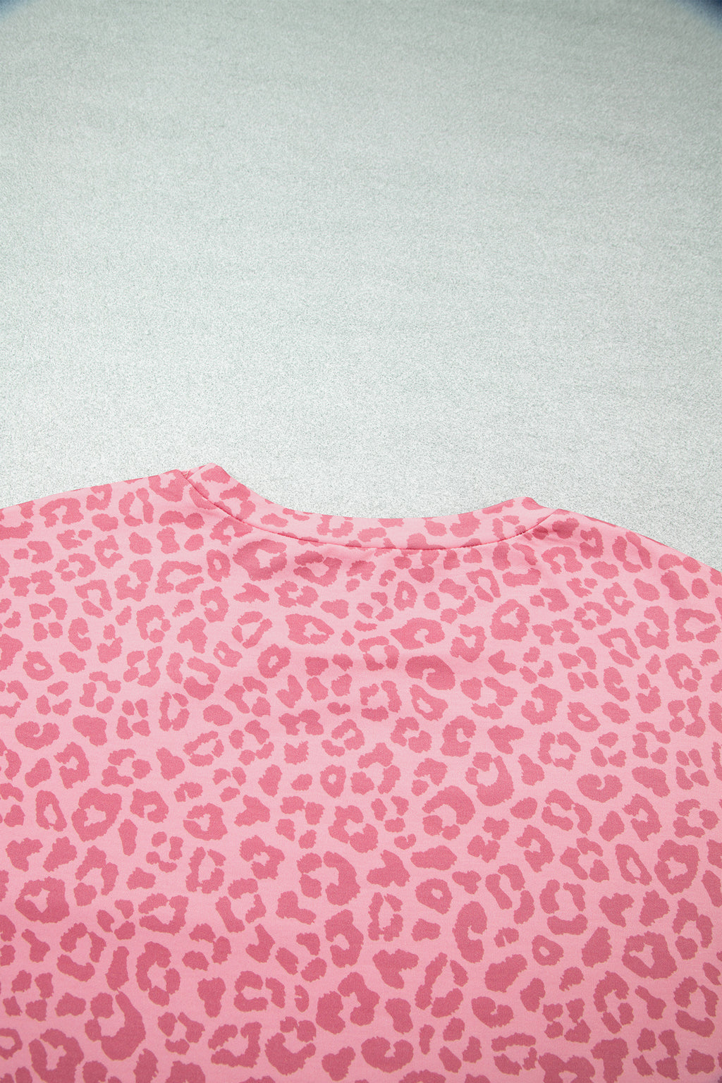Pink Leopard Print Varsity Striped Detail 3/4 Sleeve Top Shift Pant Set
