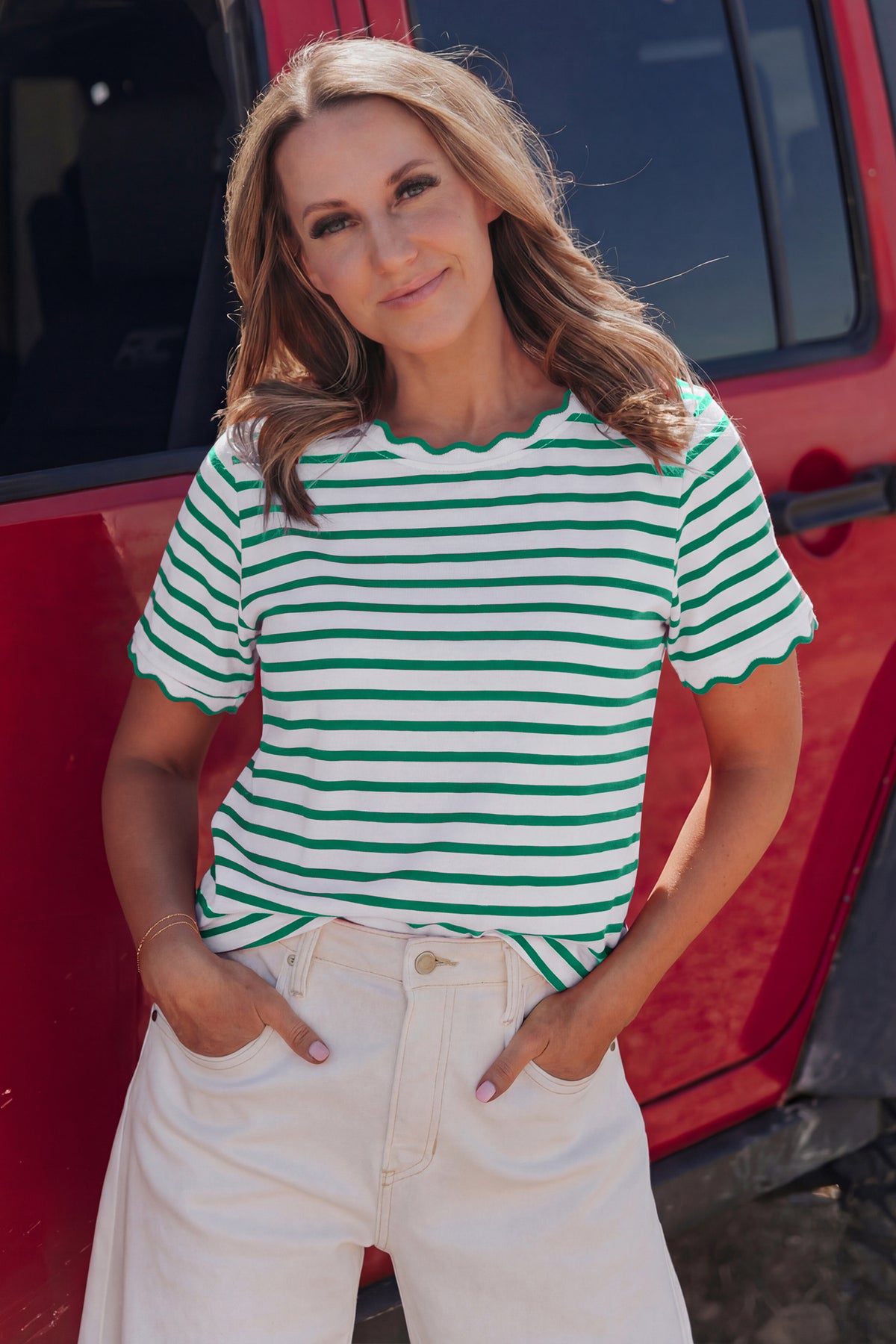 Pink Stripe Scalloped Trim Round Neck T Shirt