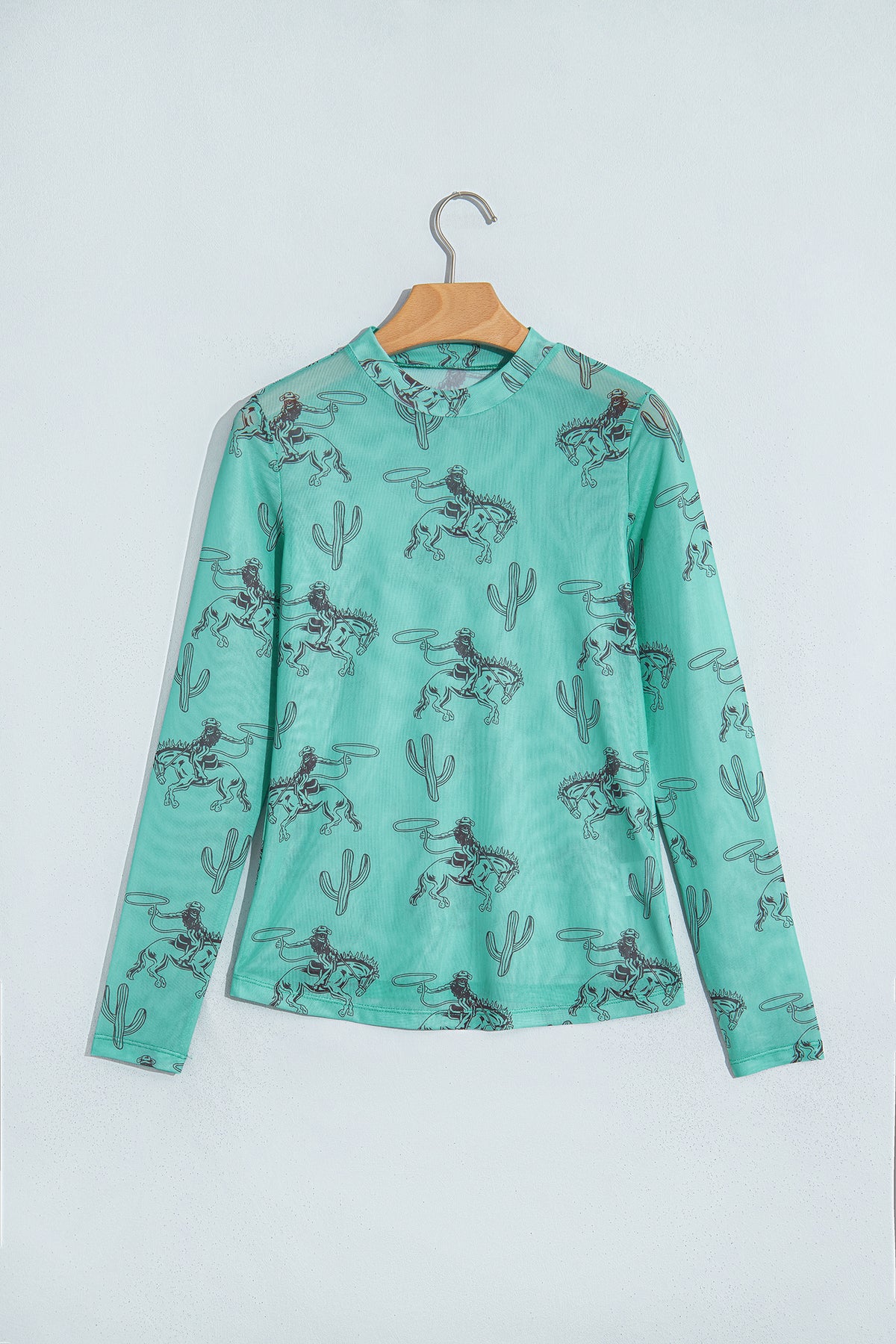 Aruba Blue Western Print High Neck Long Sleeve Sheath Mesh Top