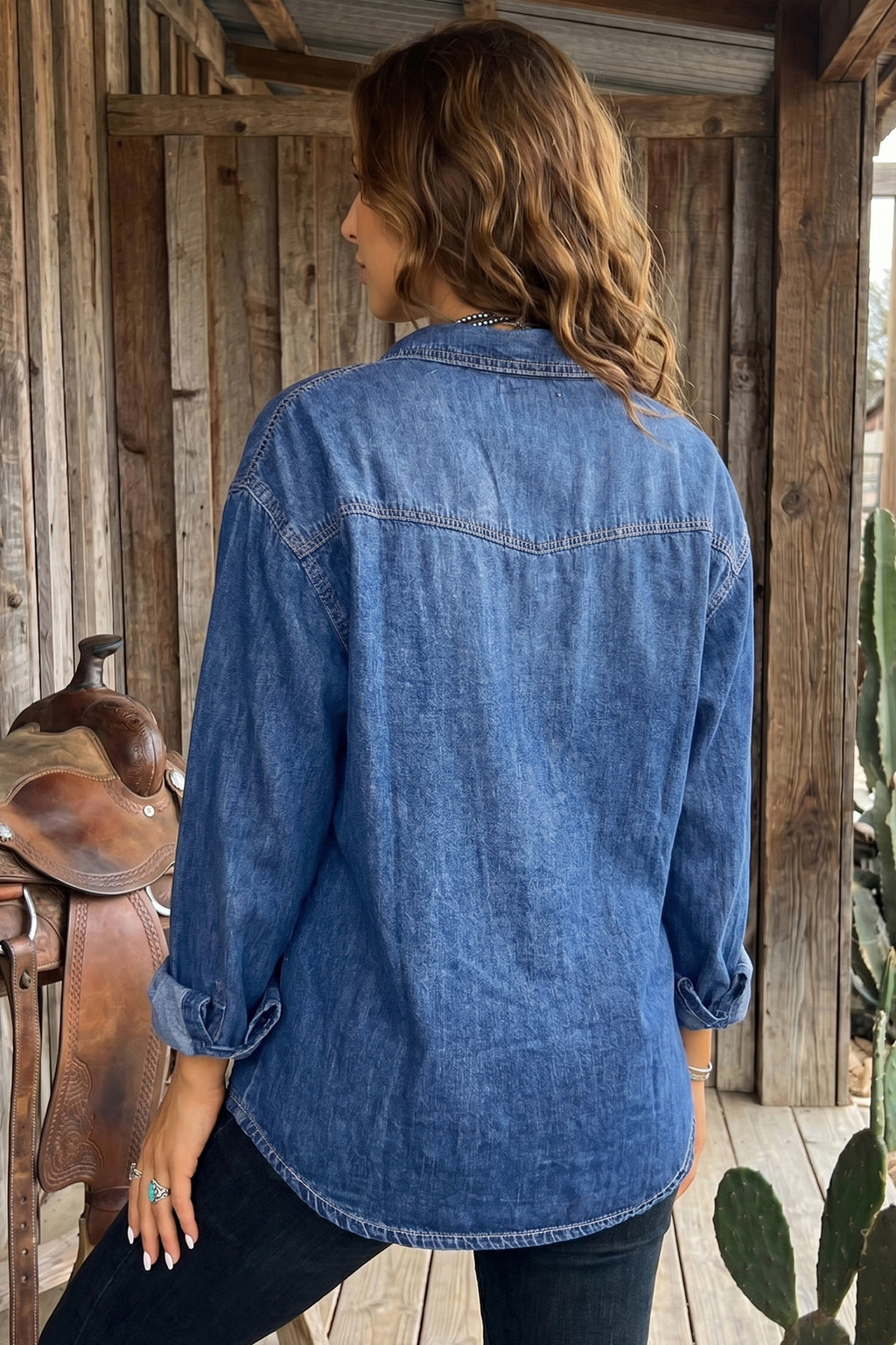Sail Blue Western Patch Pockets Tunic Length Long Sleeve Denim Shirt