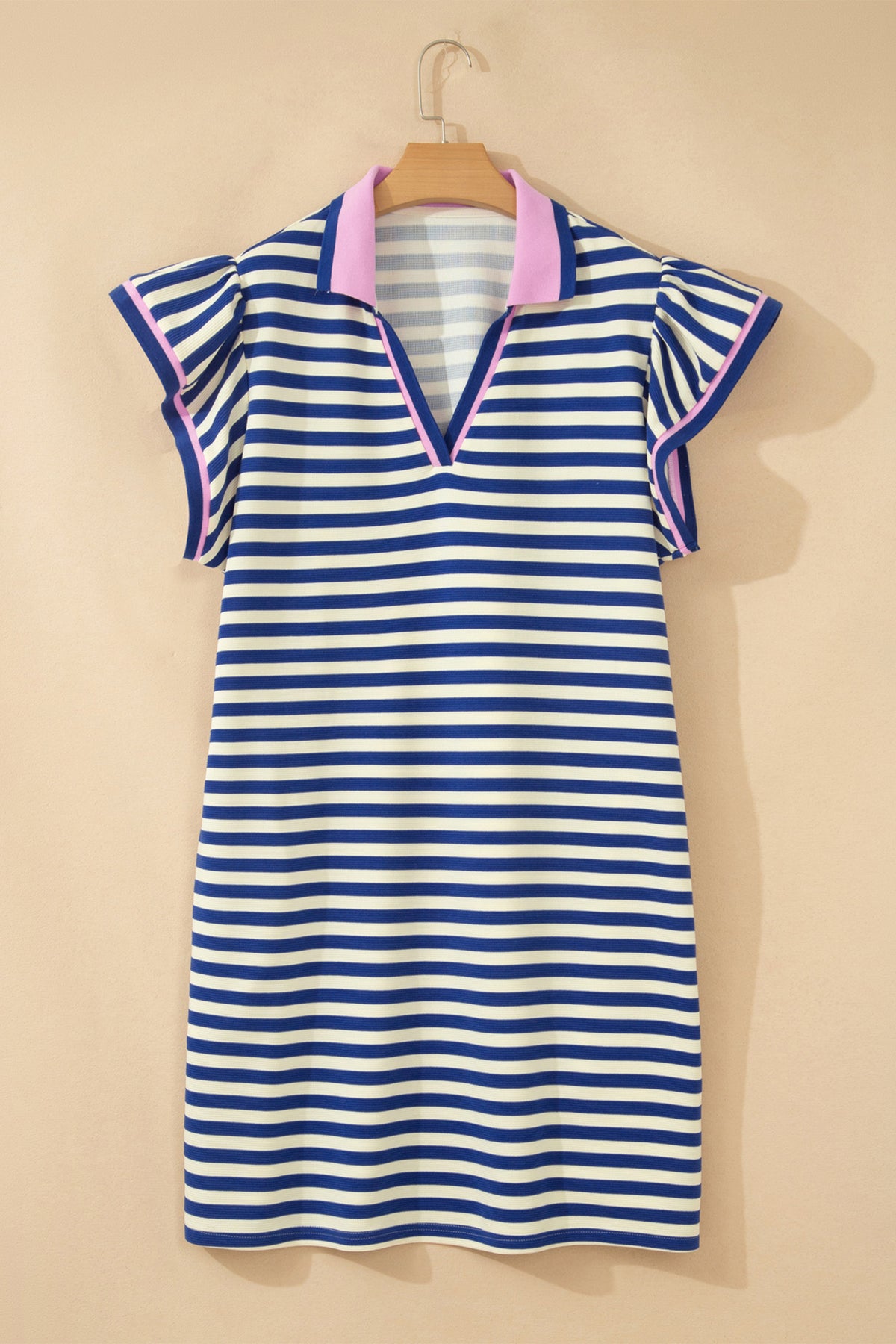 Dark Blue Striped Shift Dress Colorblock V Neck Short Sleeve Casual Summer