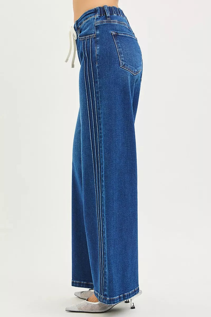 RISEN Full Size Mid Rise Wide Side Pintuck Jeans with Front Drawstring