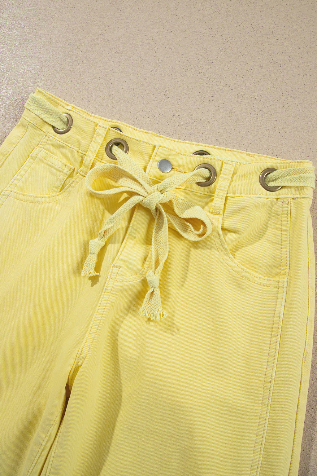 Yellow Solid Color Grommet Detail Knot Waist Barrel Jeans