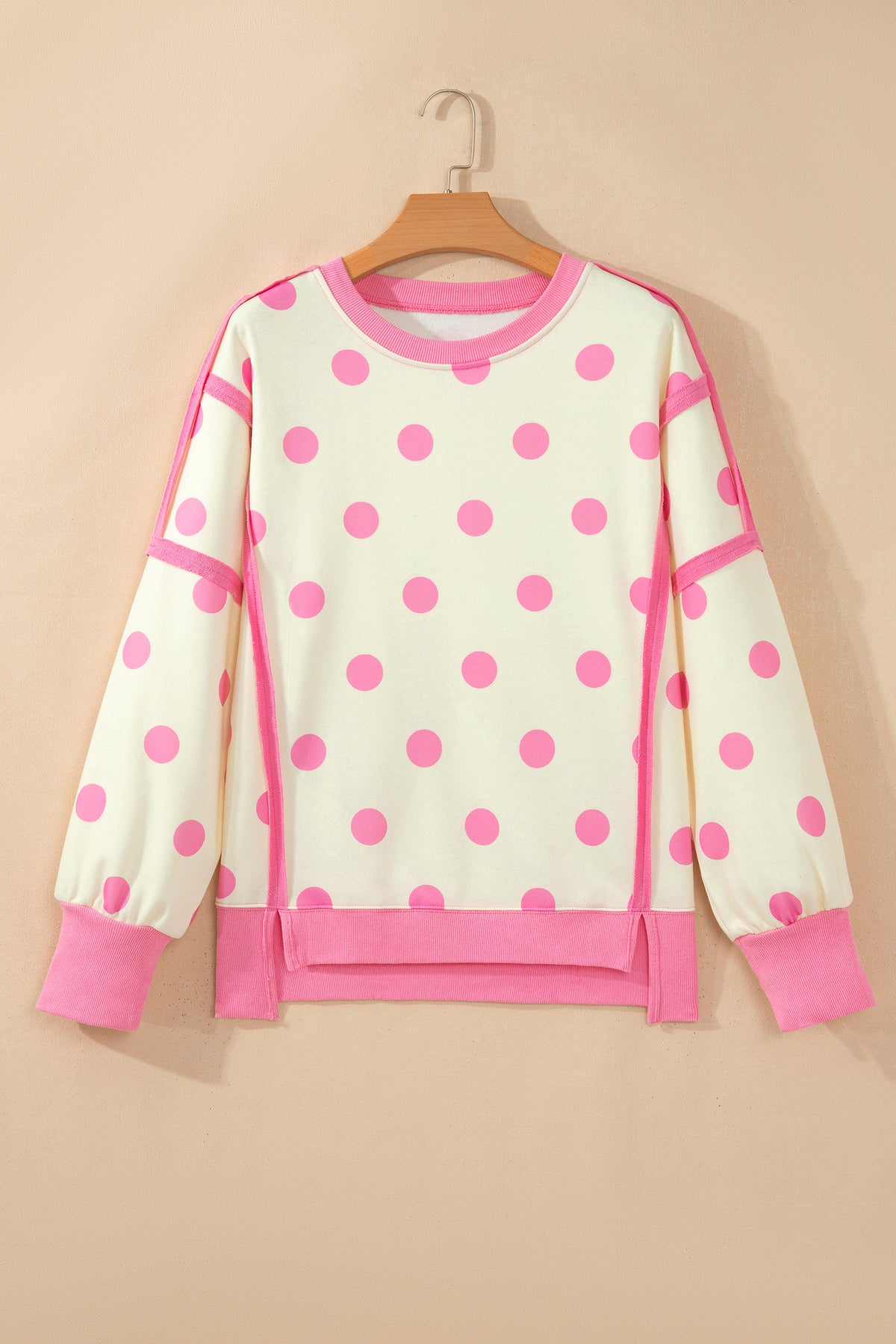 White Polka Dot Contrast Patchwork Round Neck Baggy Sweatshirt