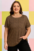 Khaki Plus Size Leopard Print Ribbed Trim Round Neck Tee
