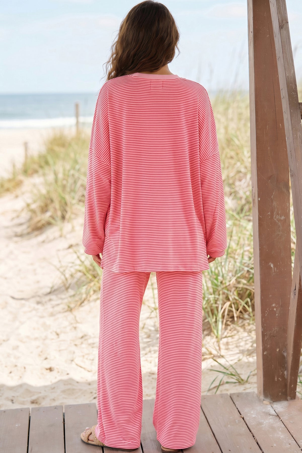 Pink Stripe Contrast Trim Round Neck Oversize Long Sleeve Top 2pcs Pant Set