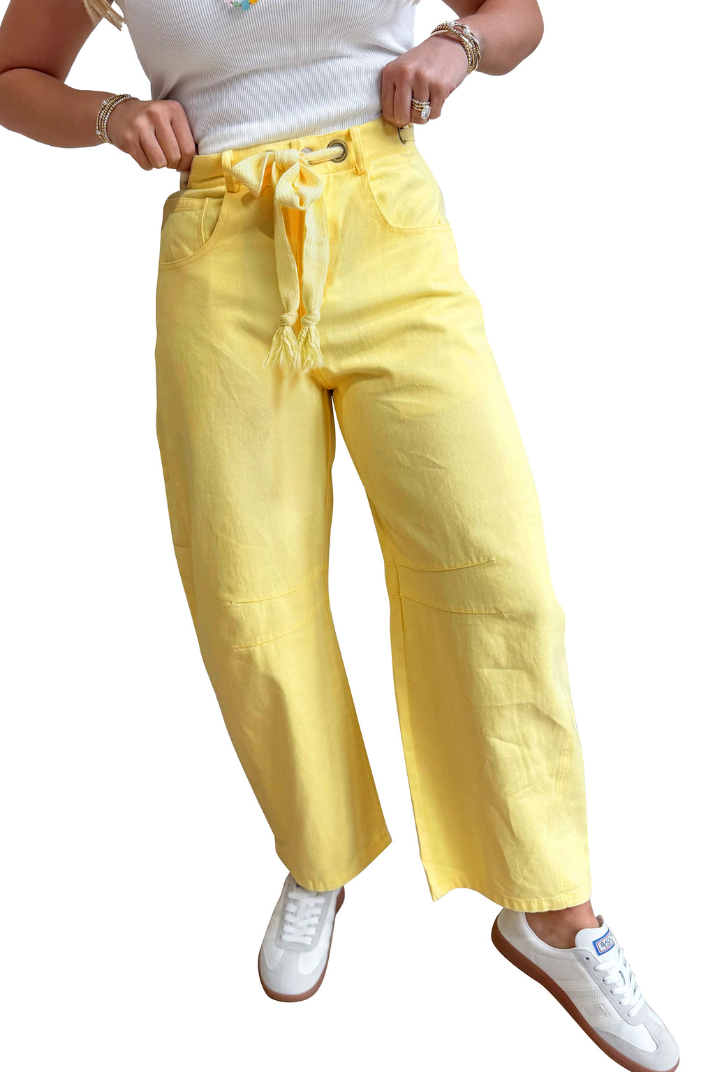 Yellow Solid Color Grommet Detail Knot Waist Barrel Jeans