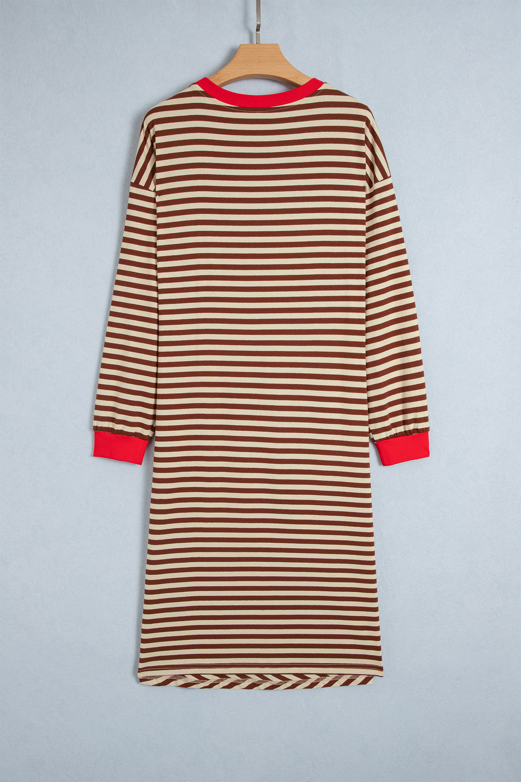 Khaki Stripe Striped Colorblock Cuffs Round Neck Long Sleeve Shift Dress