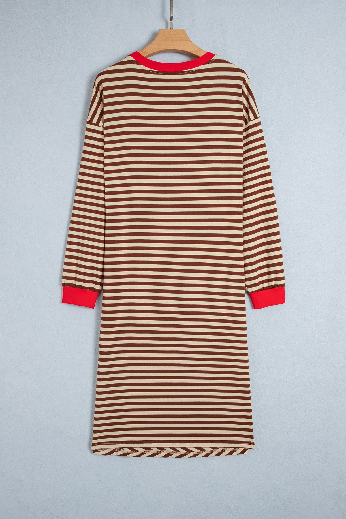 Khaki Stripe Striped Colorblock Cuffs Round Neck Long Sleeve Shift Dress