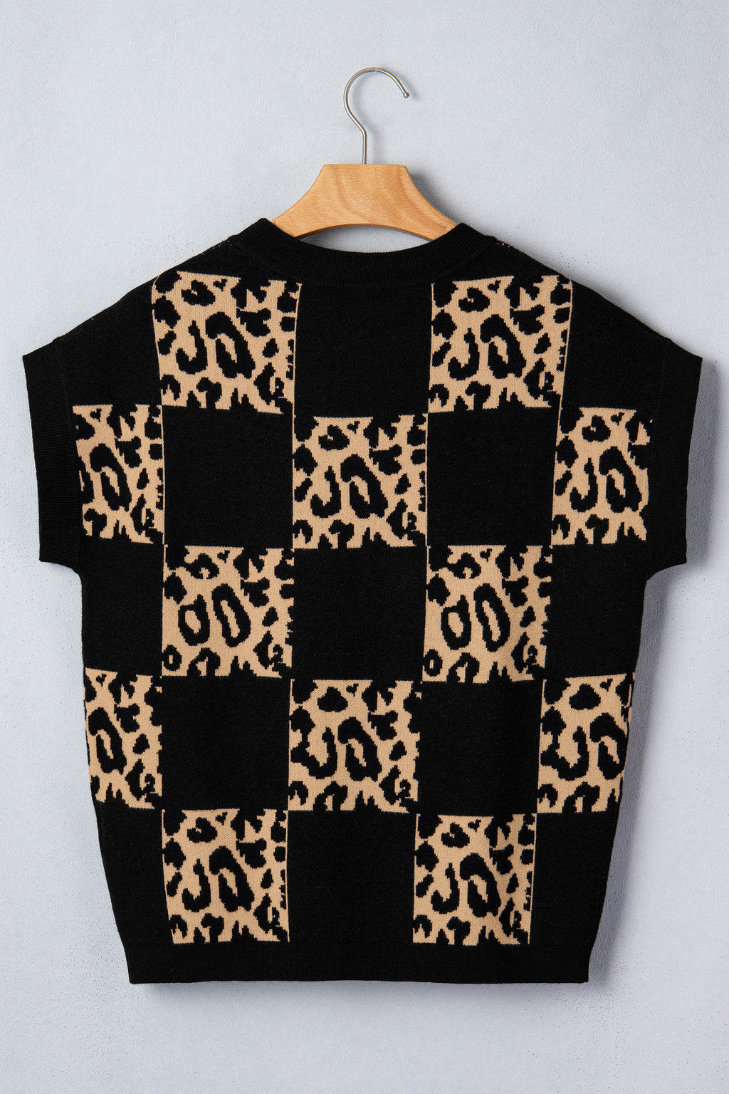 Green Leopard Checkerboard Short Sleeve Knit Sweater