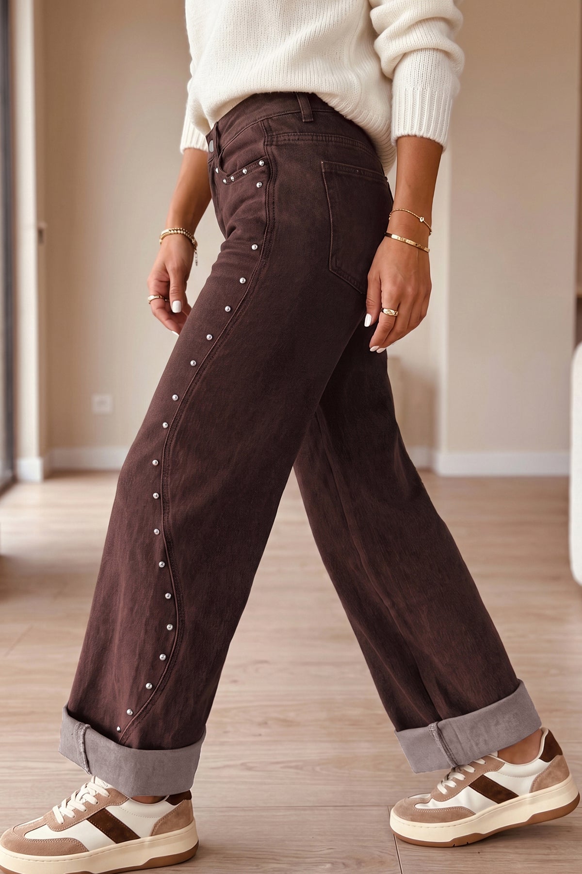 Coffee Side Seam Rivet Detail Ankle Length Casual Jeans