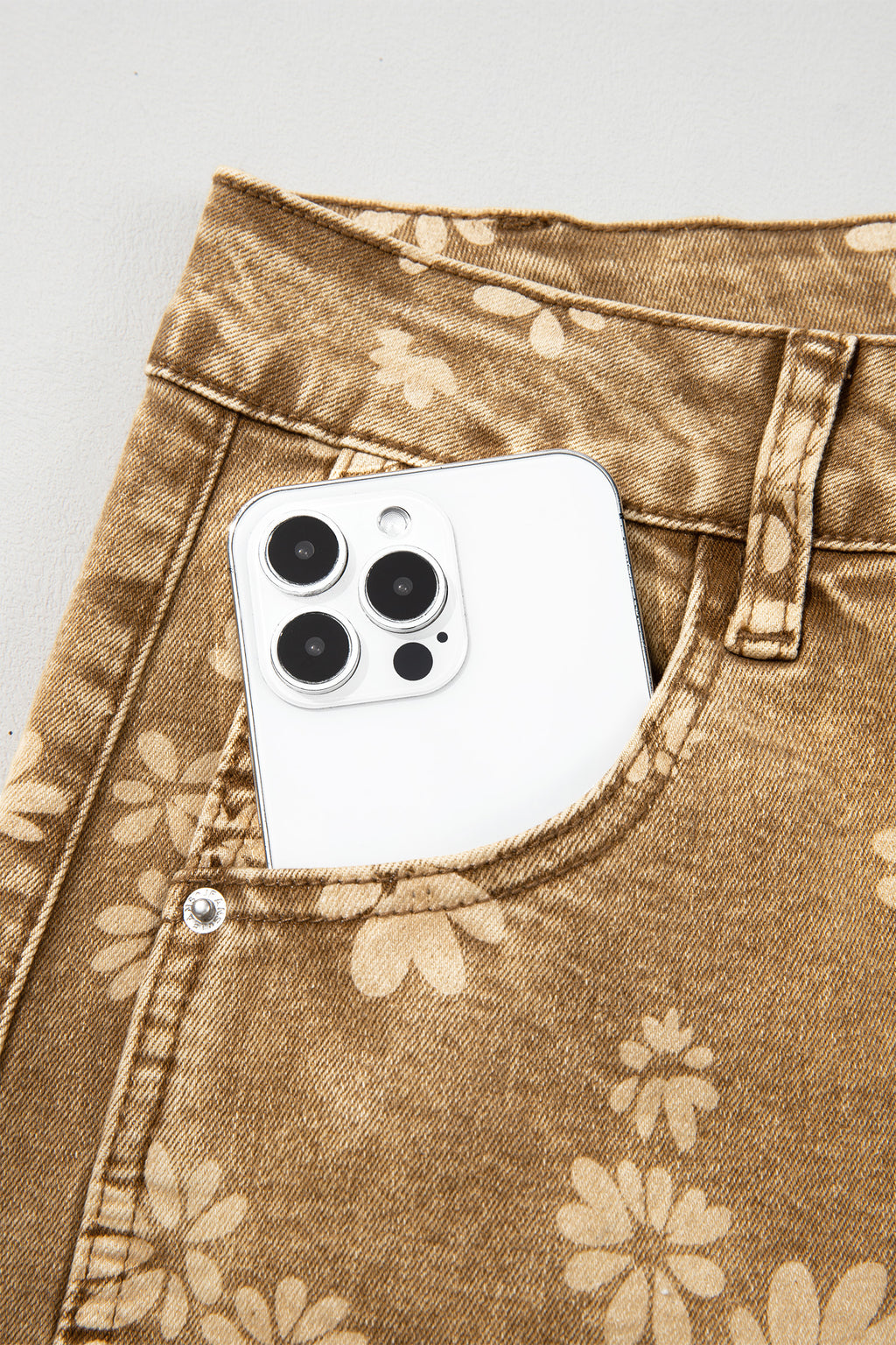 Khaki Floral Print Metal Button Pleated Straight Leg Jeans
