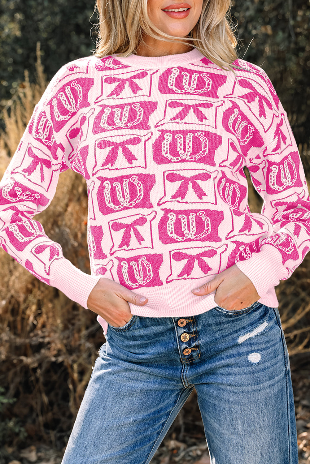 Black Bows & Horseshoes Pattern Western Fashion Print Sweater