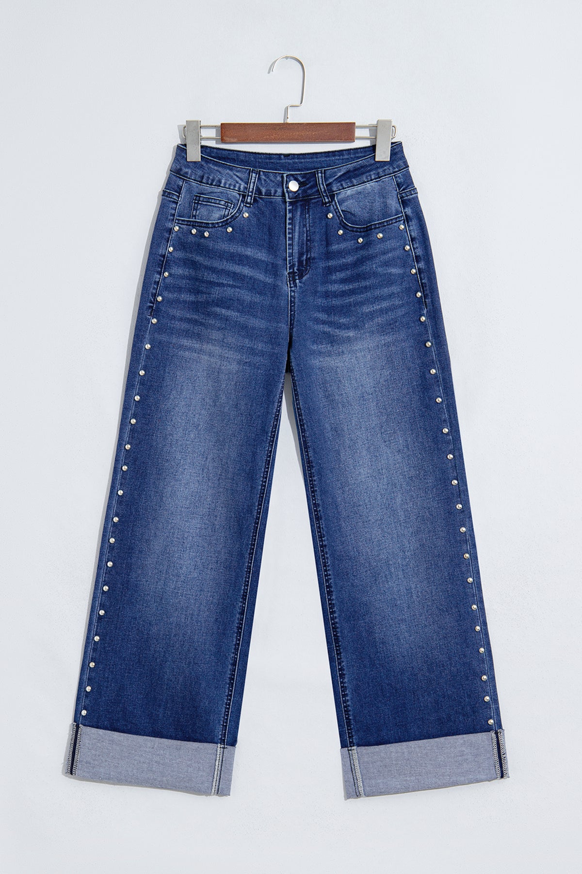 Coffee Studded Detail Straight Leg Casual Loose Jeans