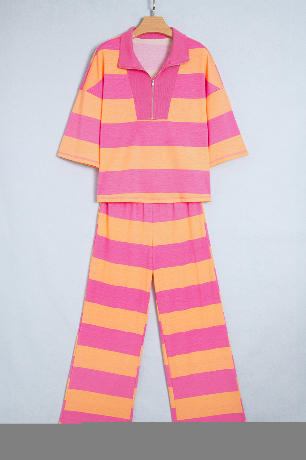 Orange Stripe Colorblock Half Sleeve Top Casual Loose Pants 2pcs Set