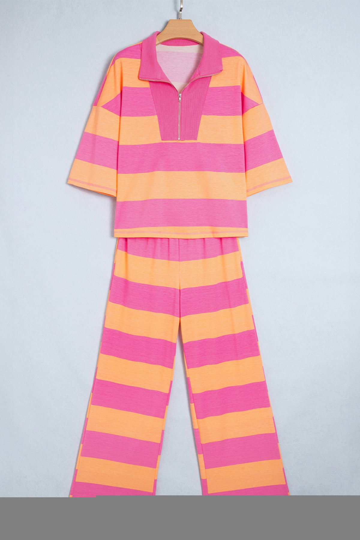 Orange Stripe Colorblock Half Sleeve Top Casual Loose Pants 2pcs Set