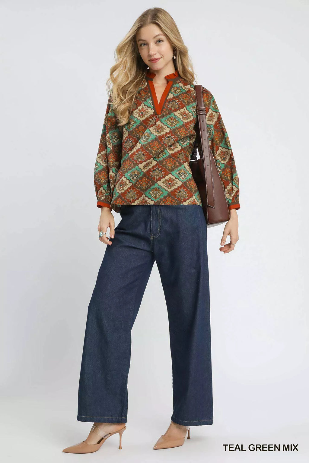 Umgee Abstract Print Ruffle Neck Top