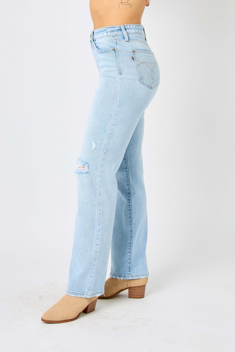 Judy Blue High Waisted Distressed Straight Leg Blue Denim Jeans
