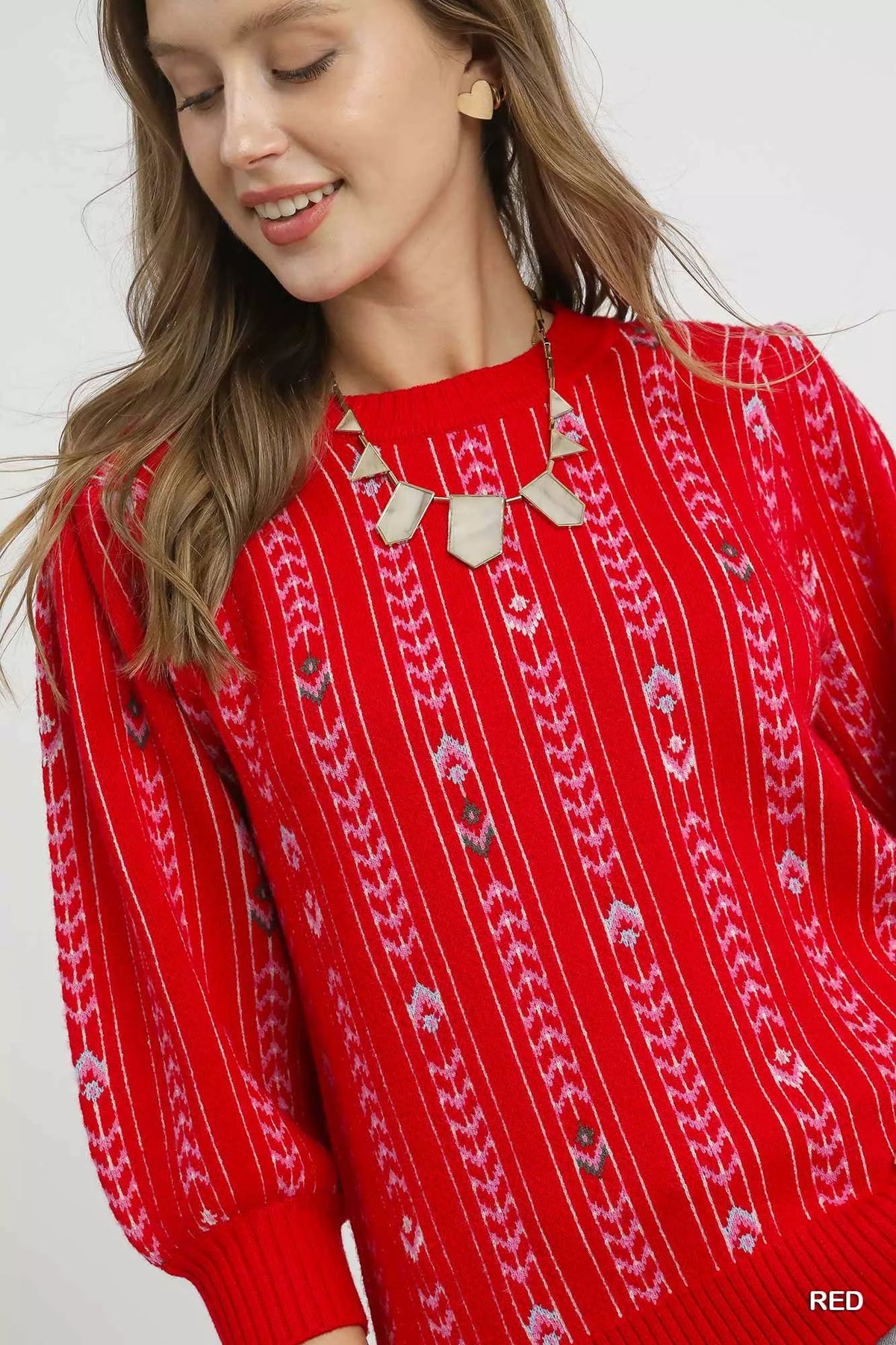 Umgee Jacquard Knit Puff Sleeve Sweater