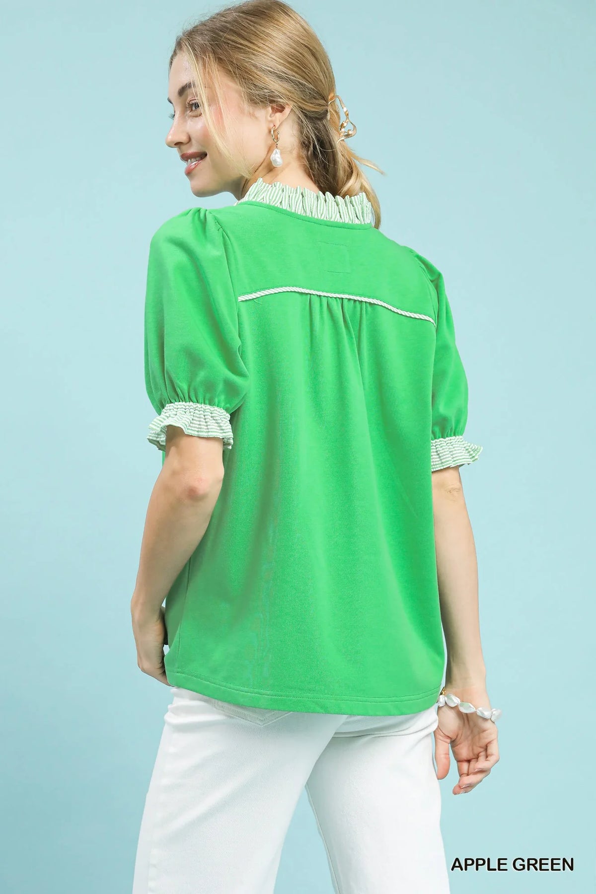 Umgee French Terry Ruffle Trim Puff Sleeve Top