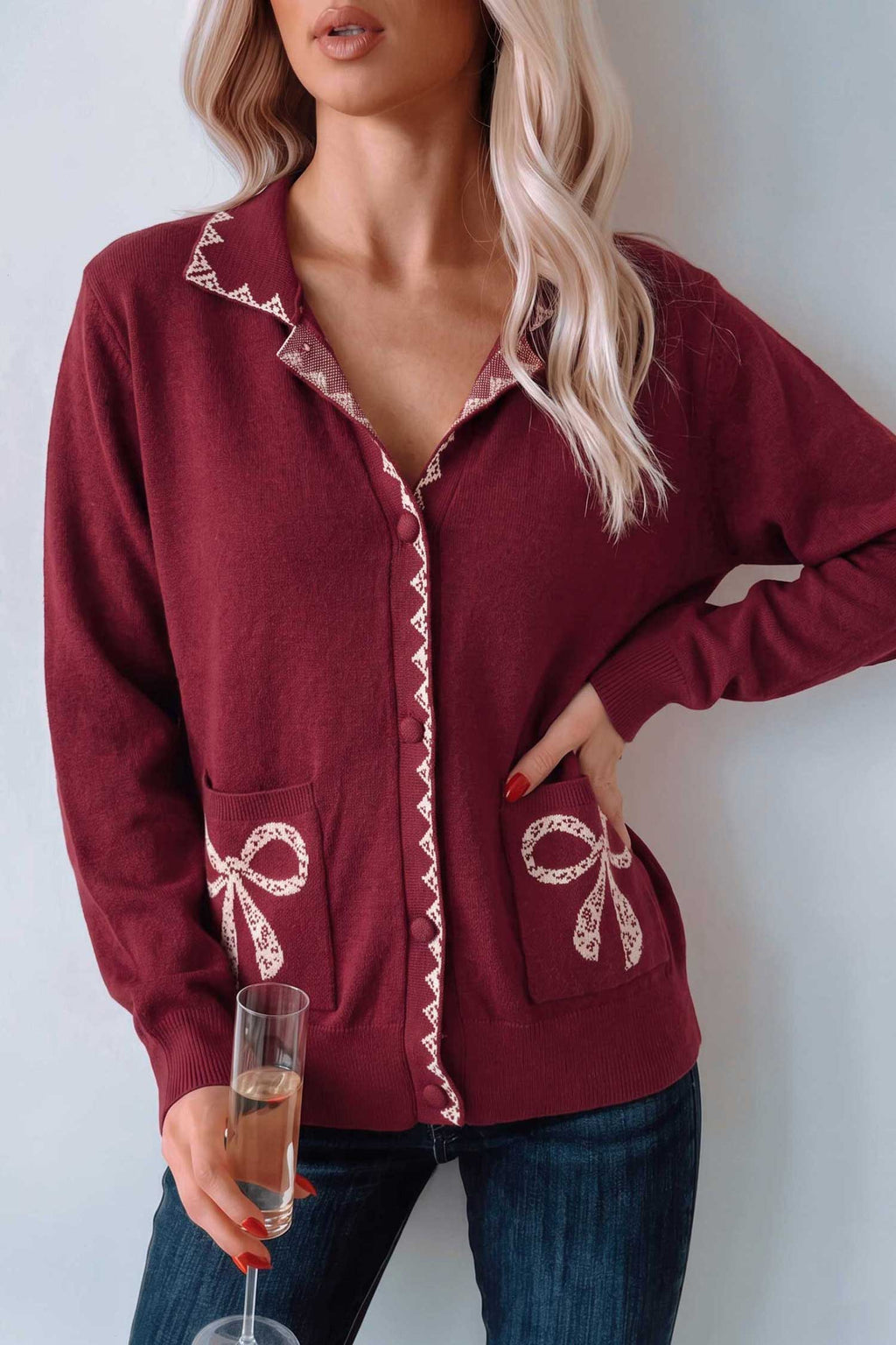 Burgundy Bow Pocket Collar Long Sleeve Knit Cardigan