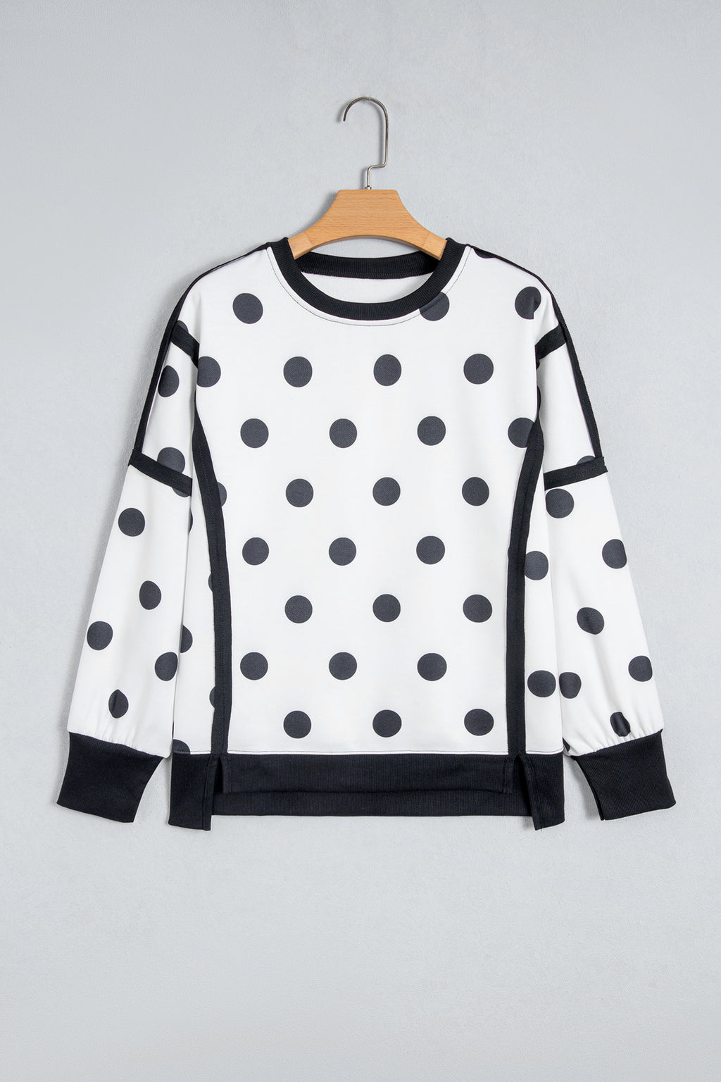 White Polka Dot Contrast Patchwork Round Neck Baggy Sweatshirt