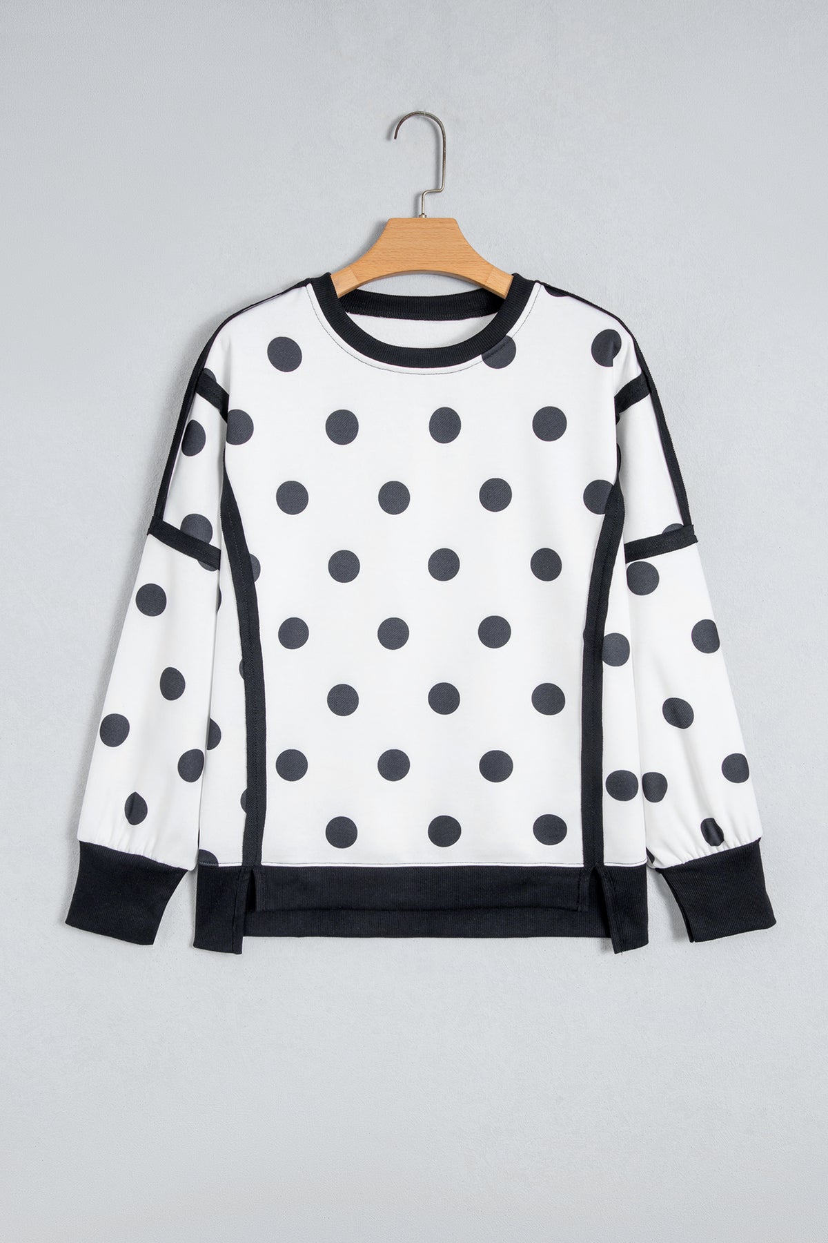 White Polka Dot Contrast Patchwork Round Neck Baggy Sweatshirt
