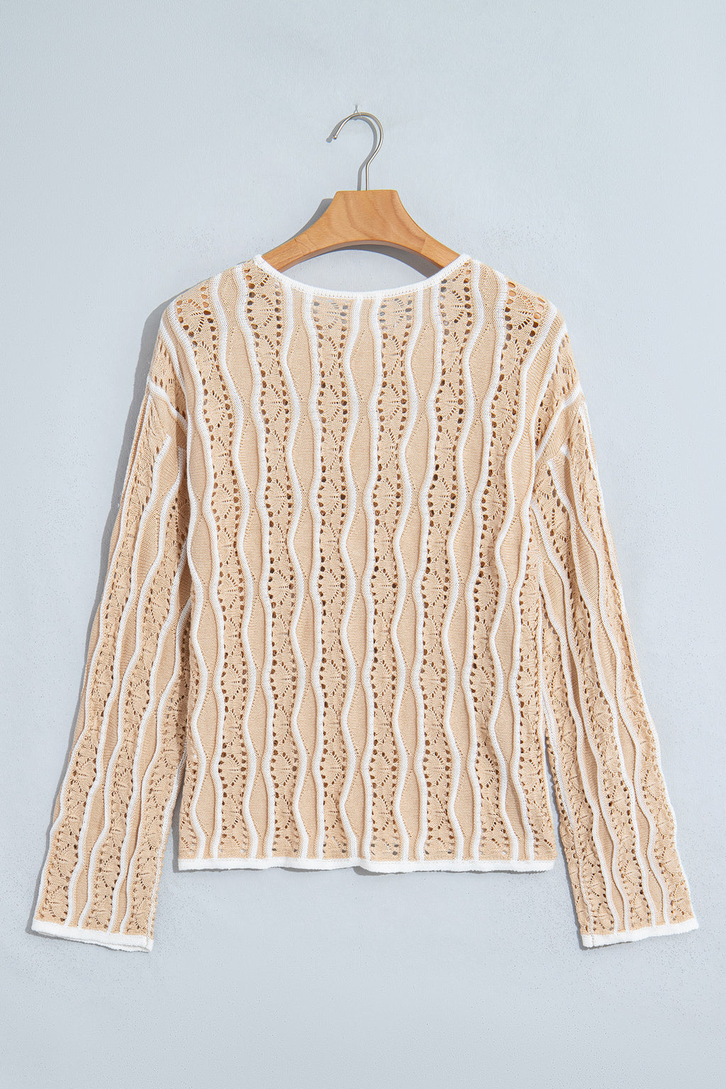 Pink Wavy Detail Hollow Out Knit Long Sleeve Cotton Pullover Sweater