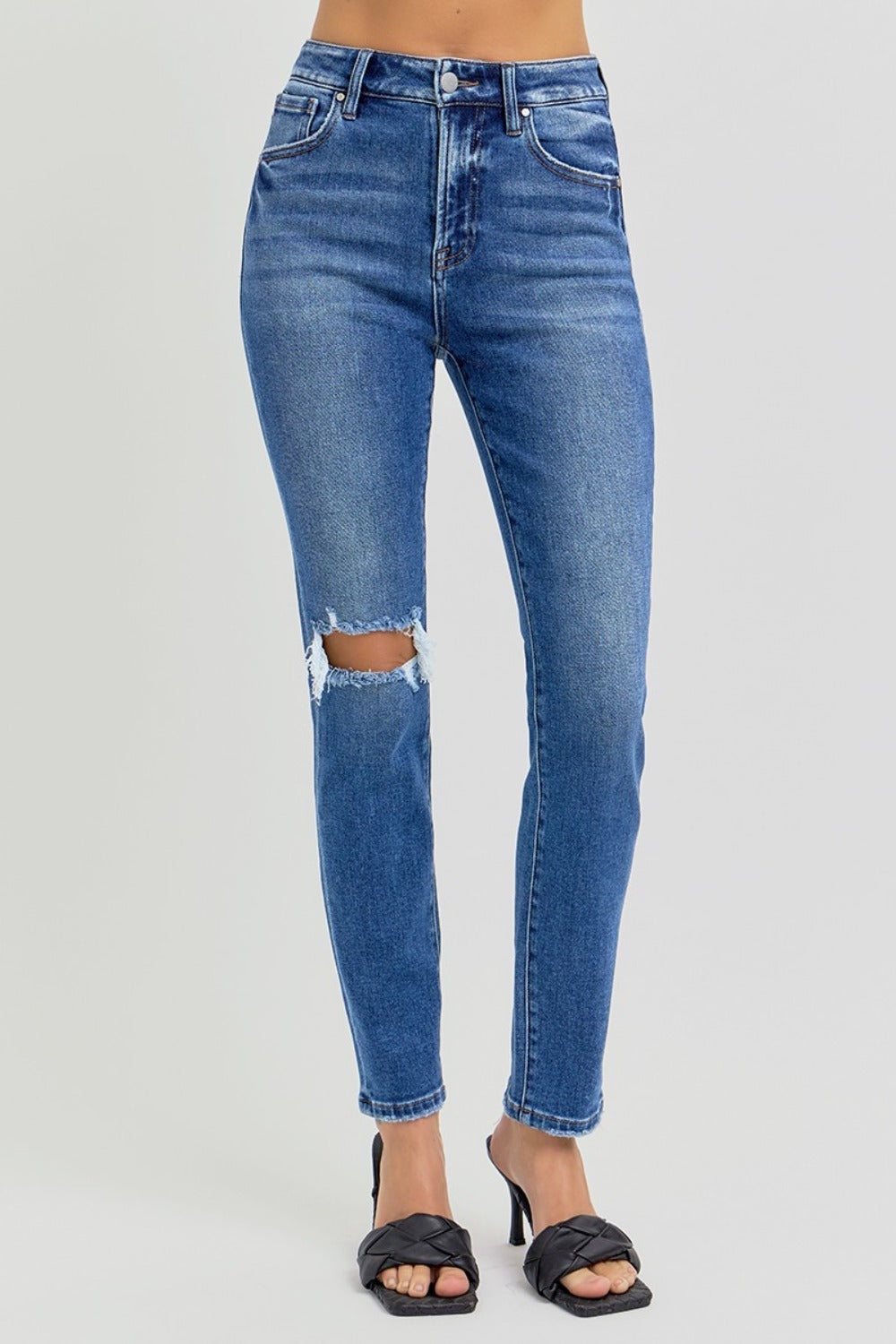 RISEN High Rise Ankle Skinny Knee Distressed Blue Denim Jeans