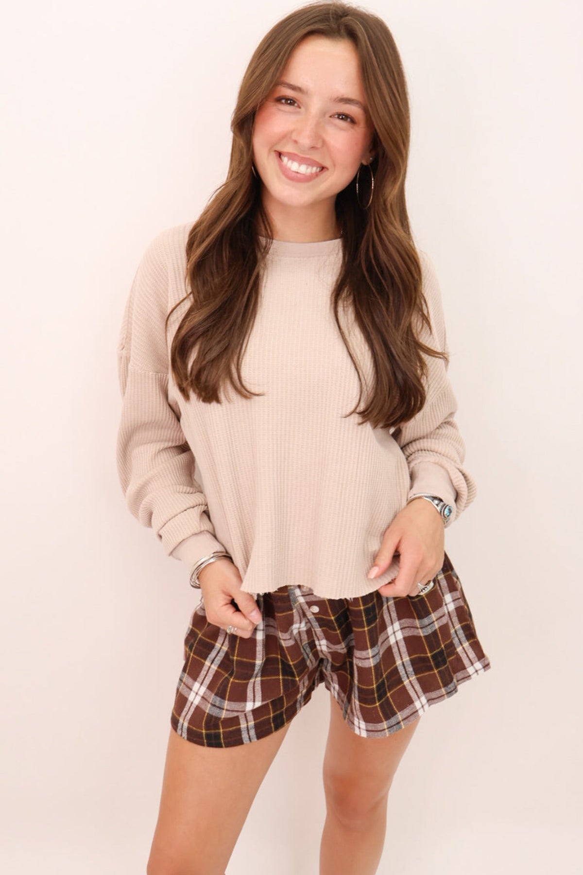Brown Plaid Button Front Elastic Waist Shorts