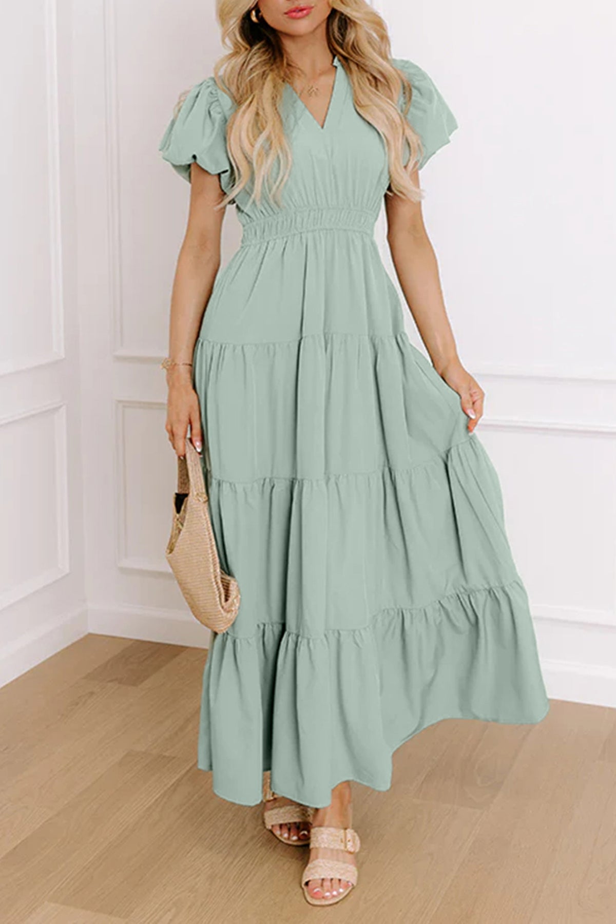 Gossamer Pink Solid Color V Neck Short Puff Sleeve High Waist Tiered Maxi Dress