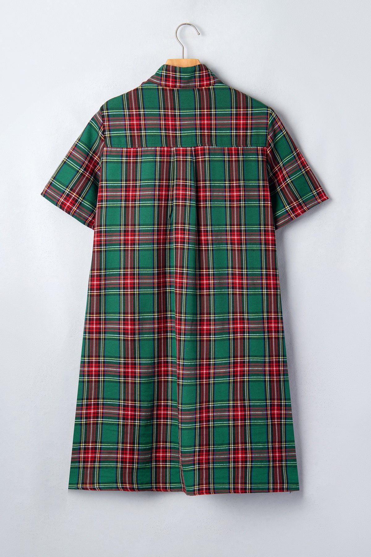 Green Plaid Button Front Short Sleeve Shift Dress