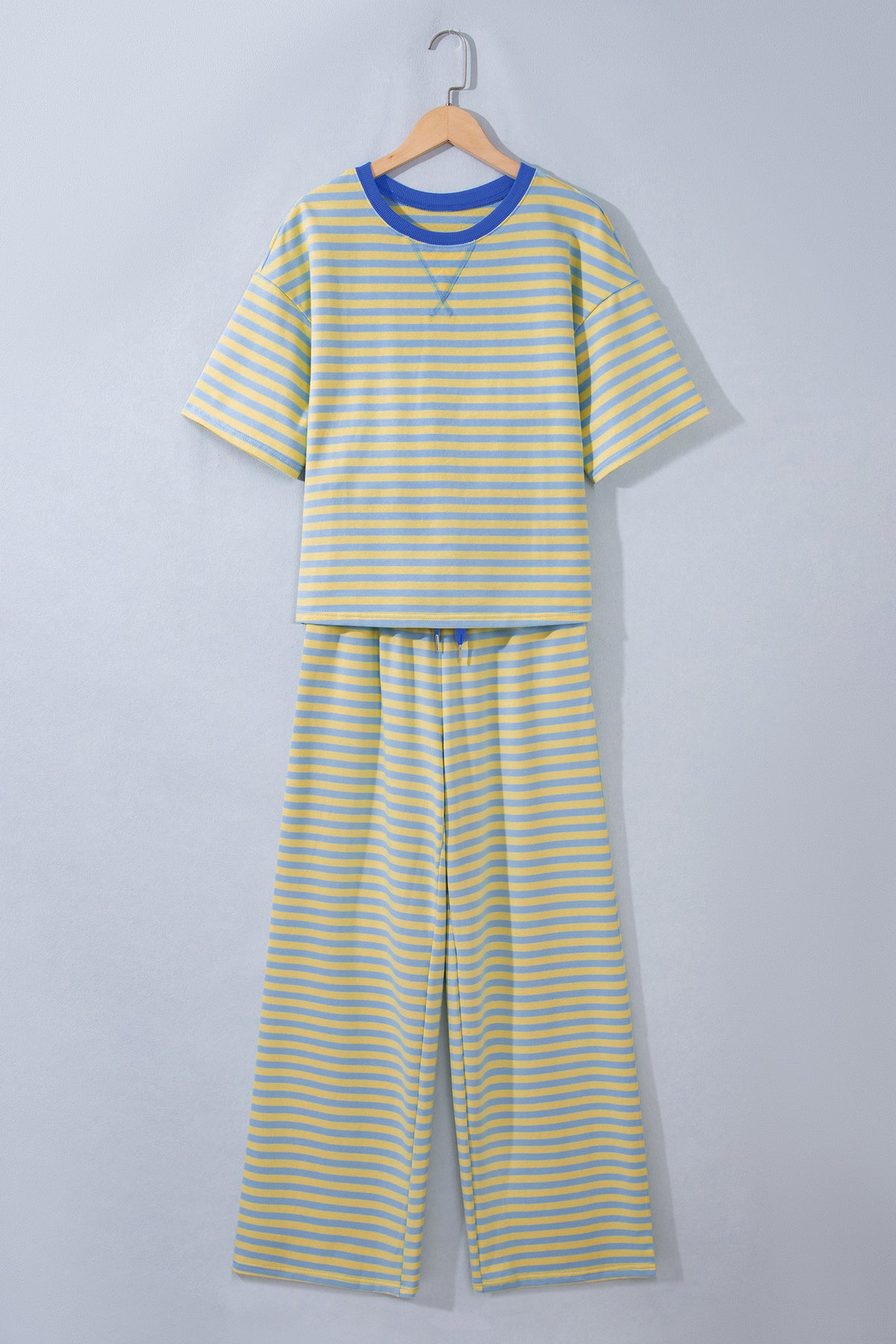 Yellow Stripe Colorblock Trim Crew Neck Loose Tee Drawstring Elastic Waist 2pcs Pant Set