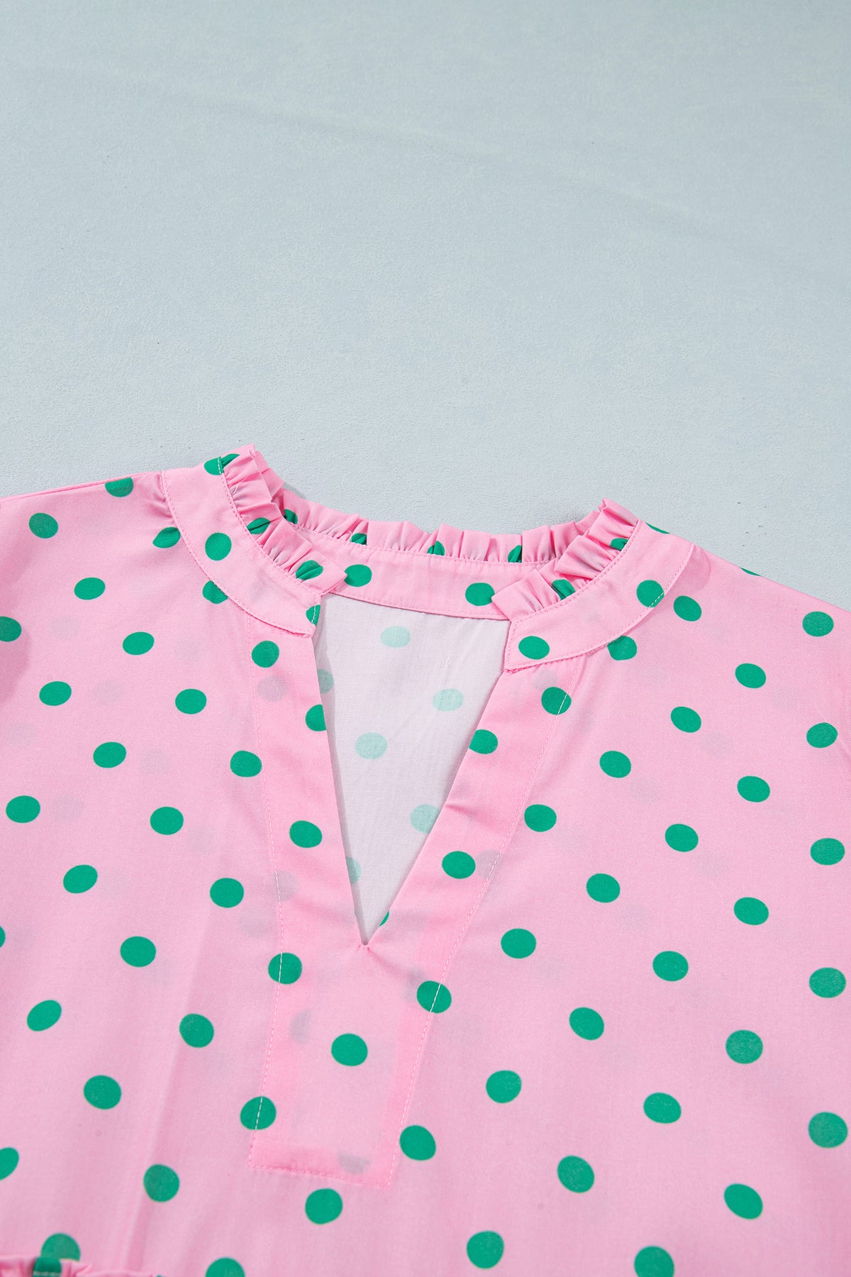 Pink Polka Dot Print V Neck Short Sleeve Tiered Mini Dress