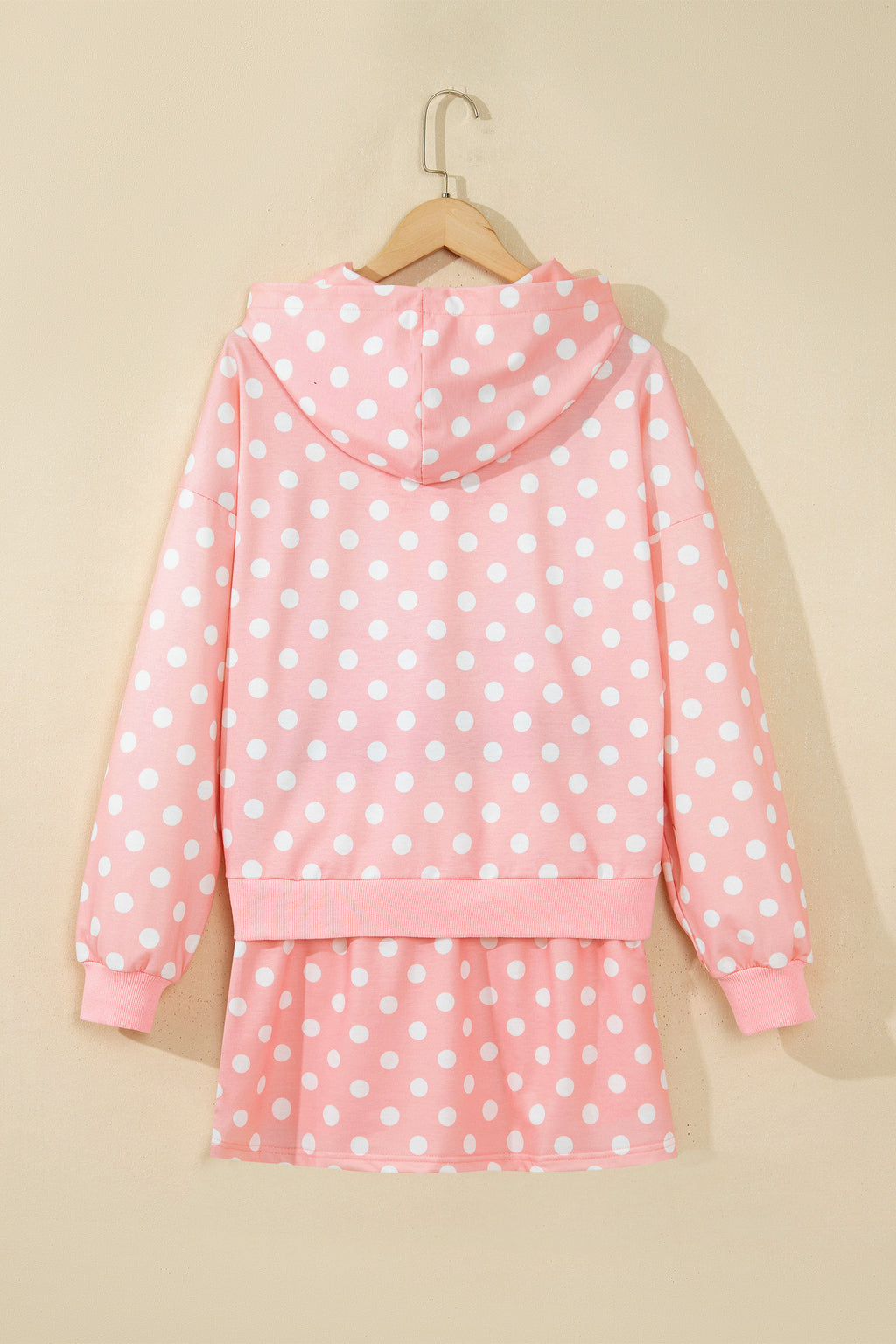 Pink Polka Dot Hooded Long Sleeve Top Casual Mini Skort Set