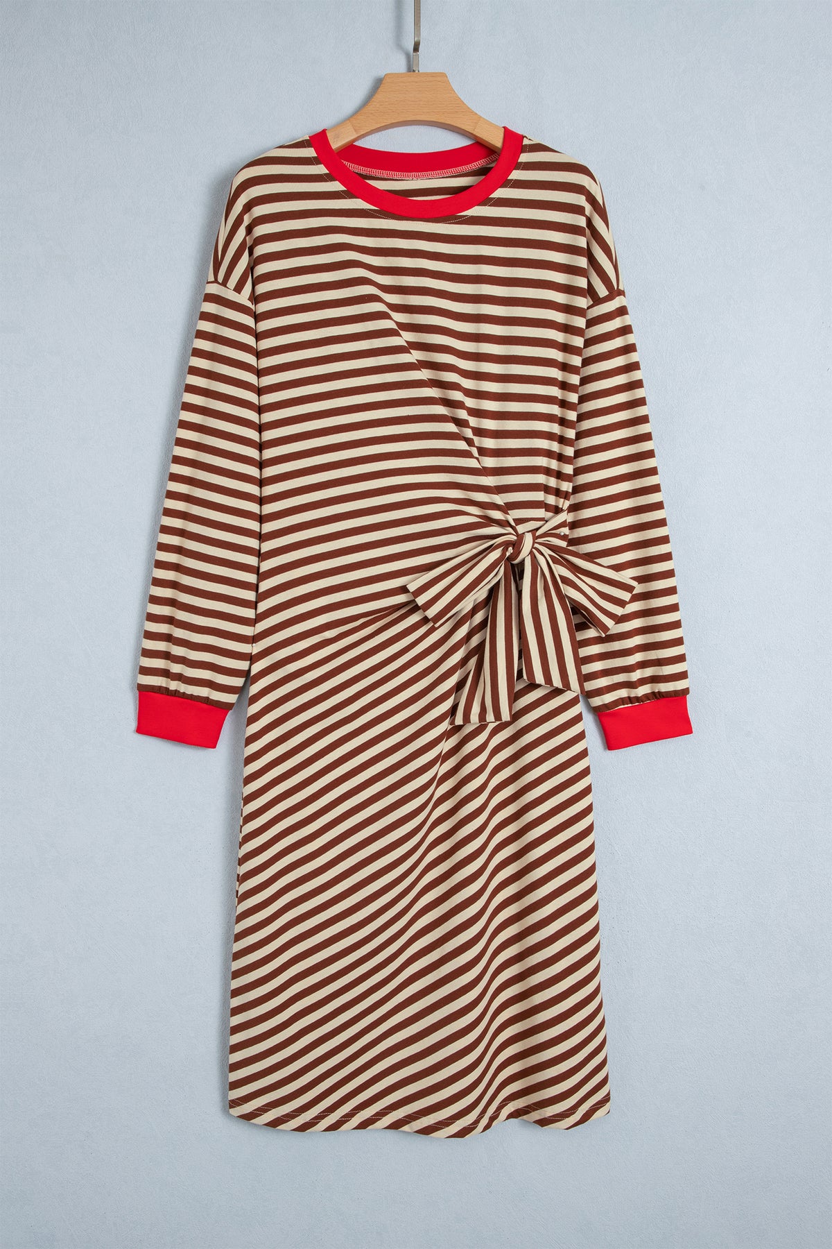 Khaki Stripe Striped Colorblock Cuffs Round Neck Long Sleeve Shift Dress