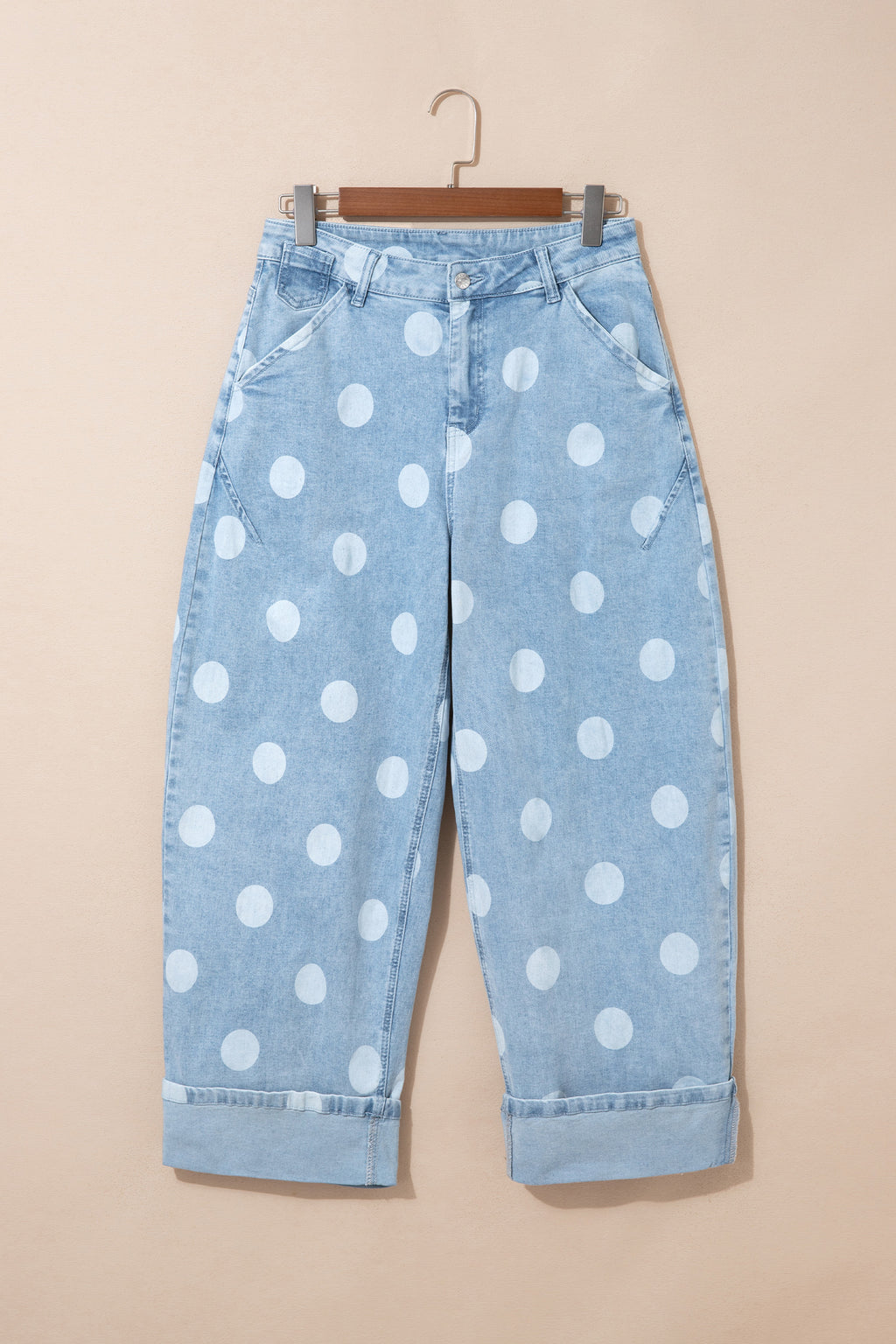 Brown Polka Dot Ankle-Length Metal Button Casual Jeans