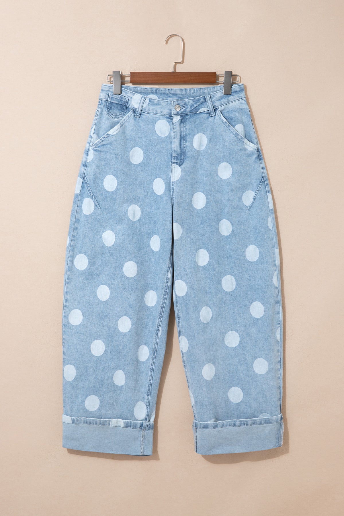 Brown Polka Dot Ankle-Length Metal Button Casual Jeans