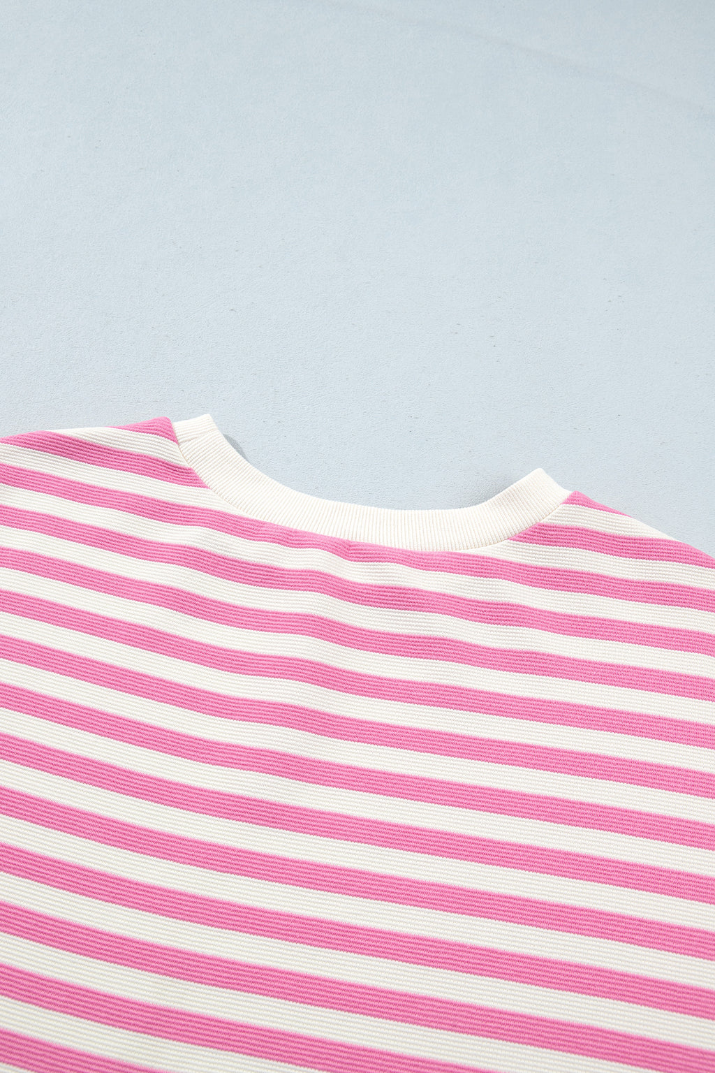 Pink Striped Long Sleeve Crew Neck Drawstring Waist Shorts Set