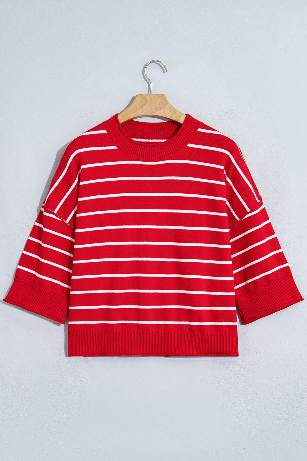 Red Stripe Dropped Shoulder Half Sleeve Relaxed Knit Sweater