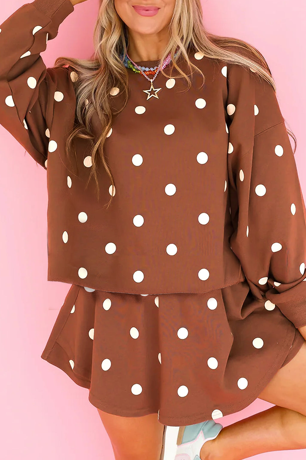 Brown Polka Dot Raw Hem Relaxed Pullover Loose Skort Two Piece Set