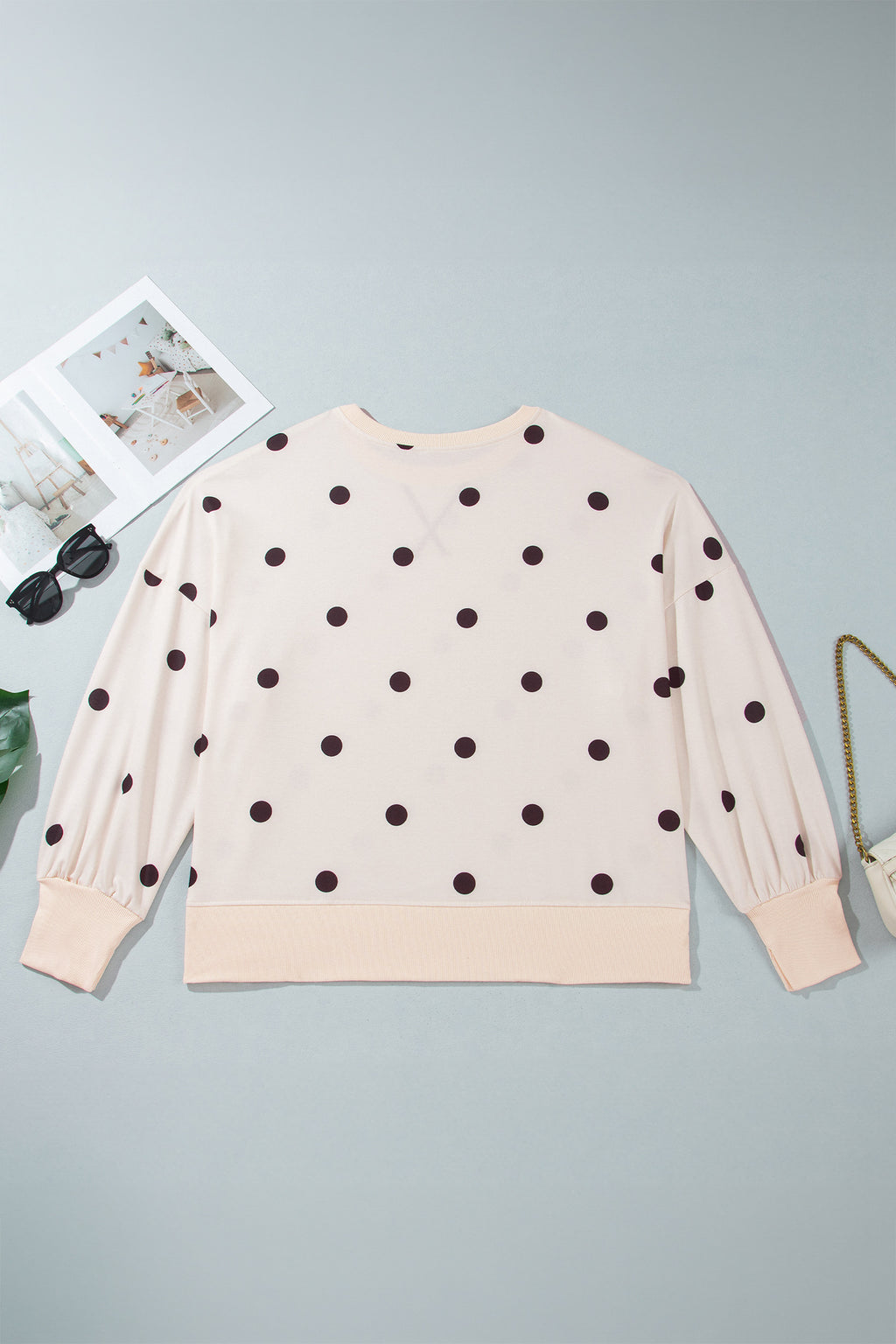 Beige Round Neck Long Sleeve Polka Dot Plus Size Top