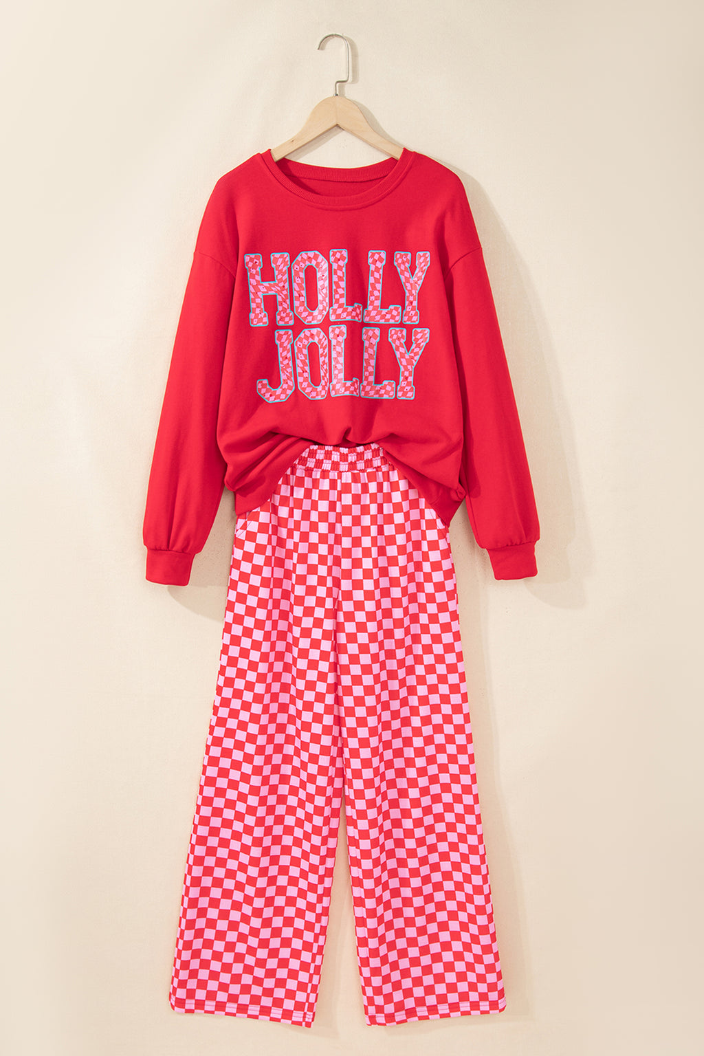 Red Christmas Slogan Graphic Plaid Contrast Two-piece Pant Set