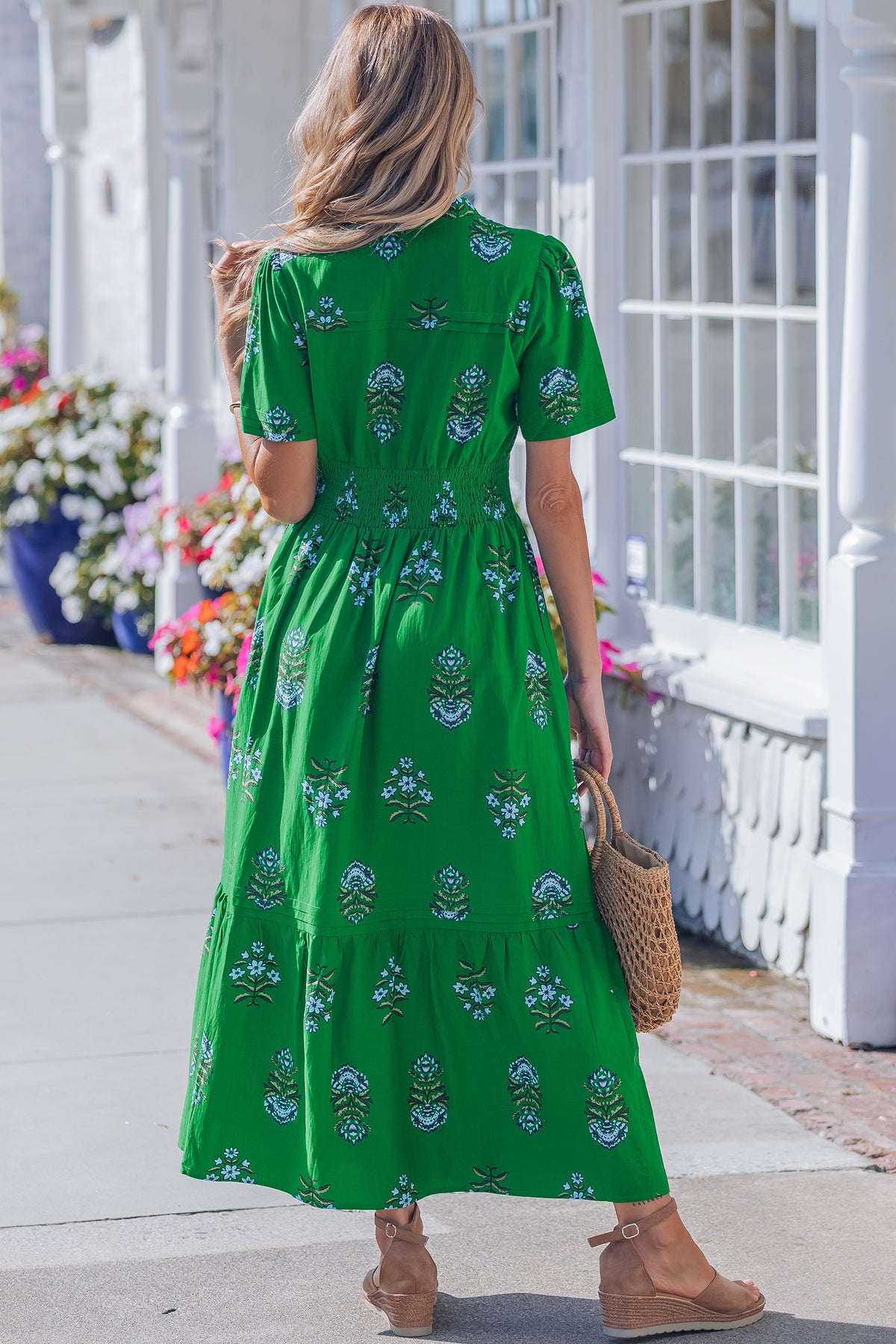 White Floral Print Split Neck Shirred High Waist Ruffle Hem Maxi Dress