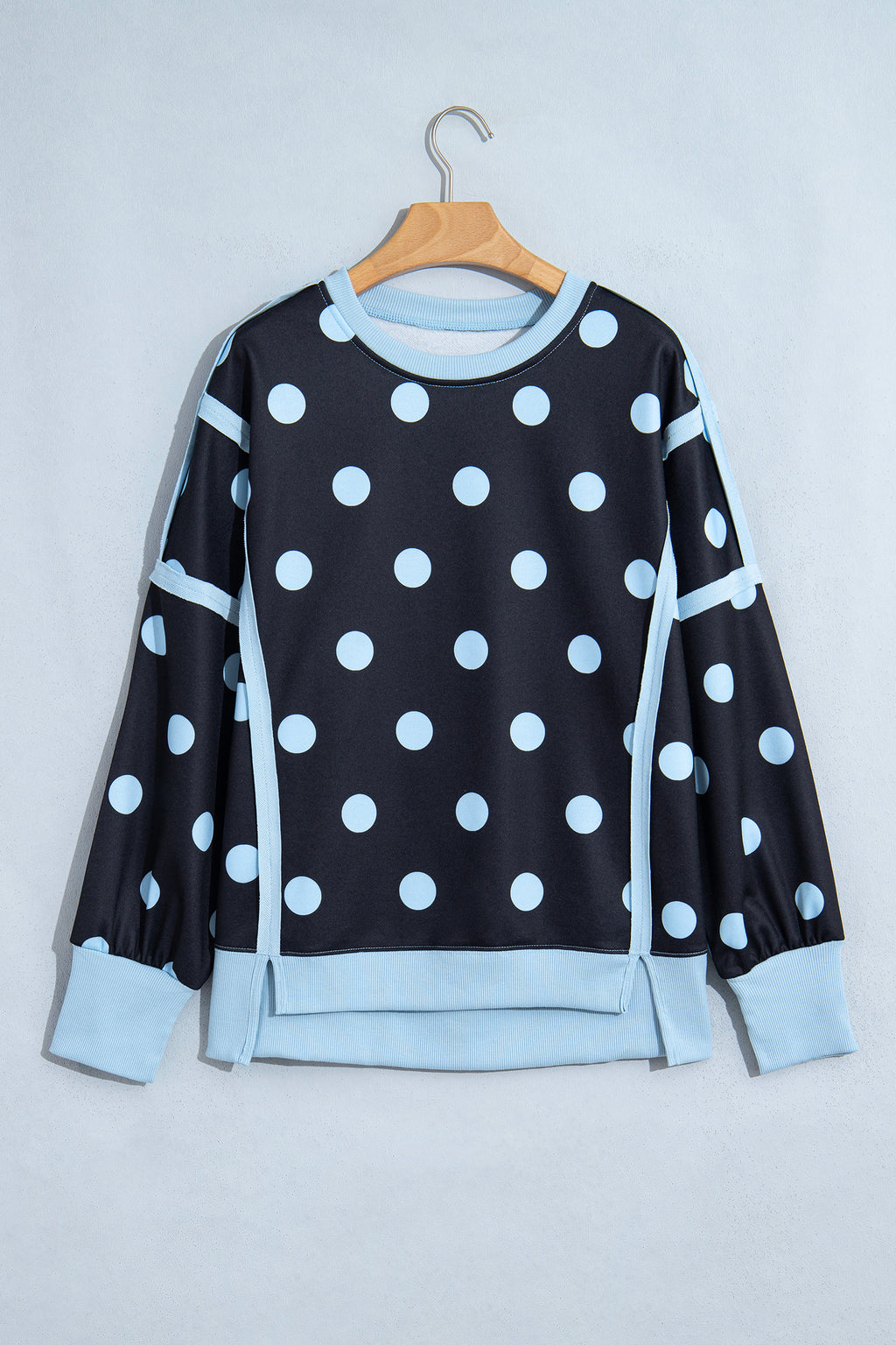 White Polka Dot Contrast Patchwork Round Neck Baggy Sweatshirt